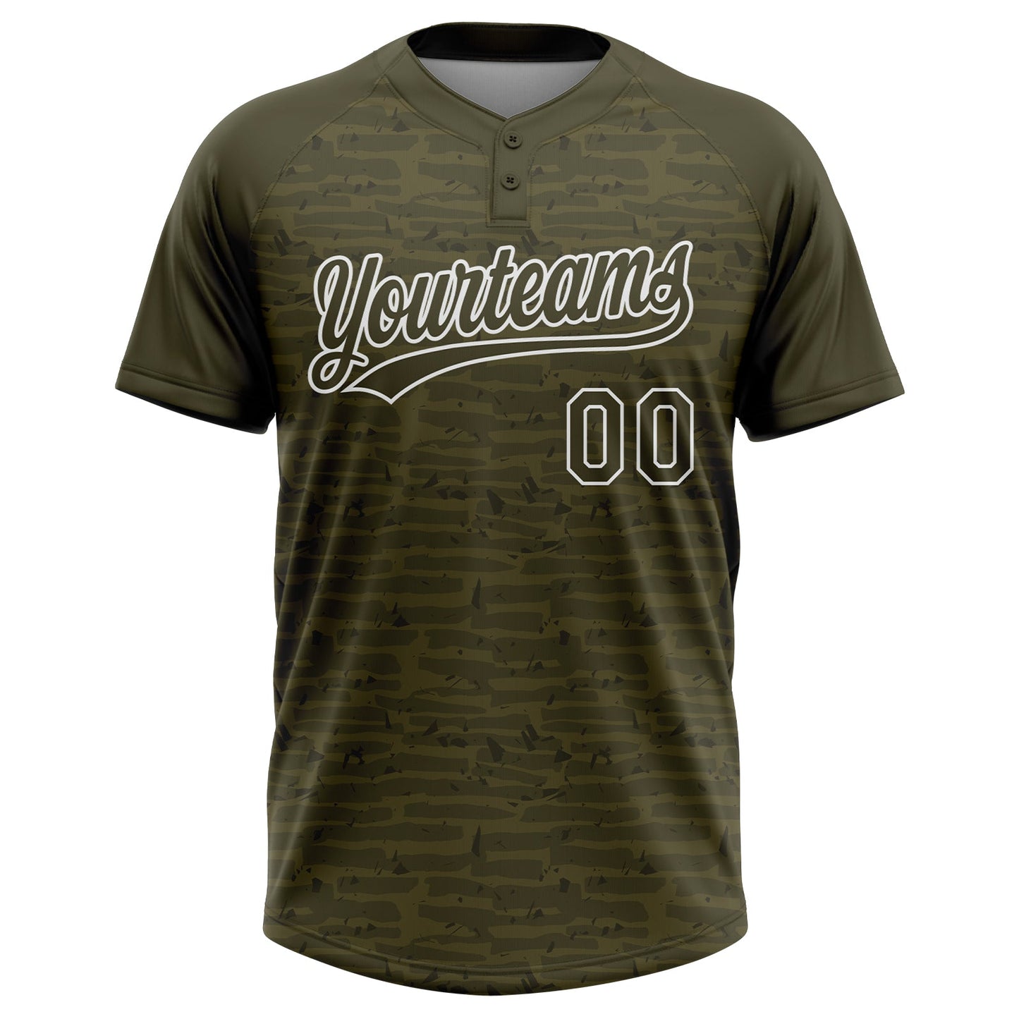 Custom Olive-White Raglan Sleeves Distressed Fragment Brush Stroke Two-Button Unisex Softball Jersey view 2