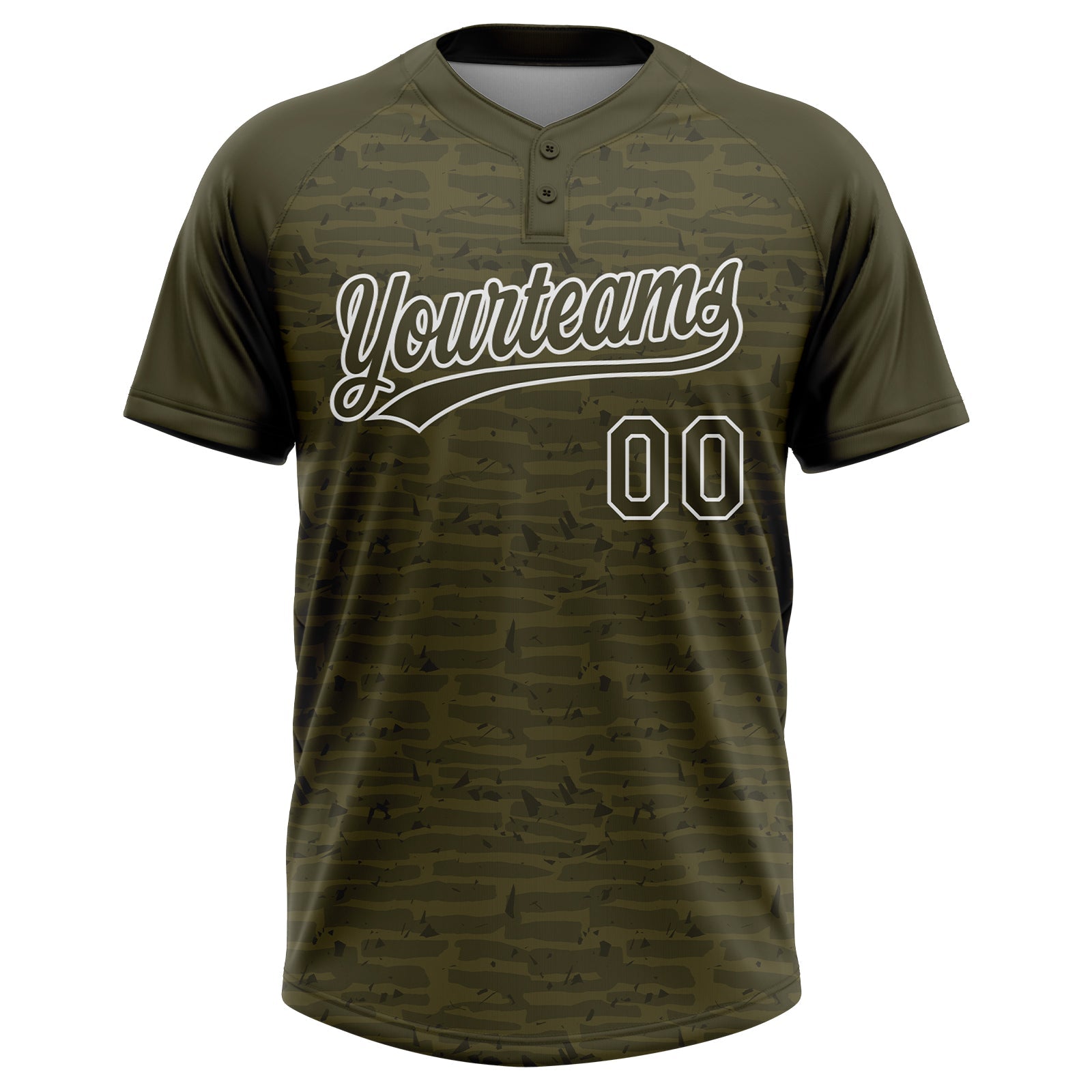 Custom Olive-White Raglan Sleeves Distressed Fragment Brush Stroke Two-Button Unisex Softball Jersey view 2