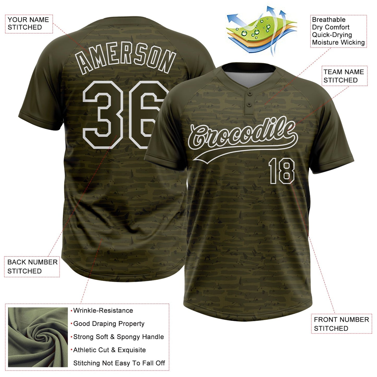 Custom Olive-White Raglan Sleeves Distressed Fragment Brush Stroke Two-Button Unisex Softball Jersey view 3