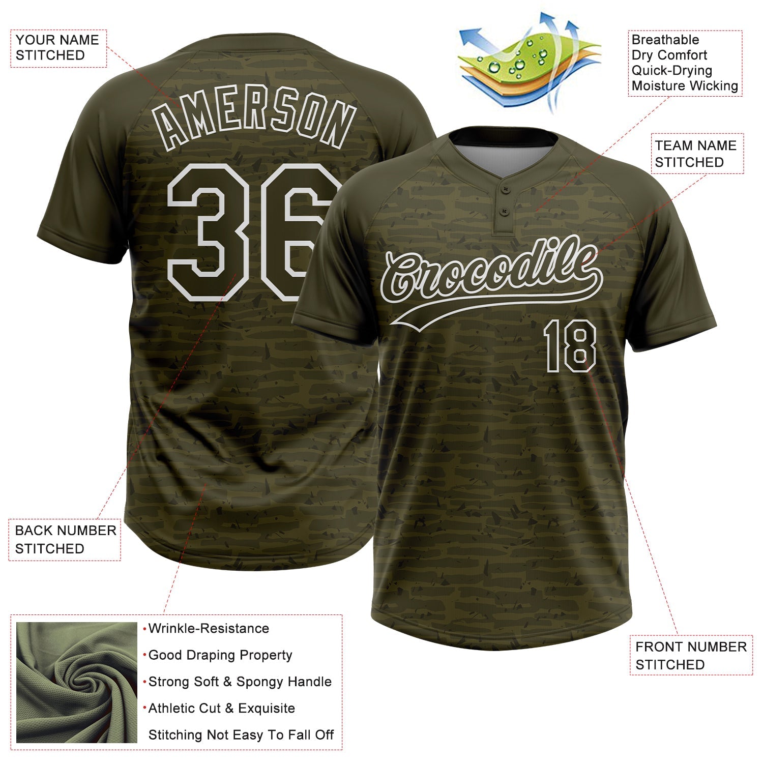 Custom Olive-White Raglan Sleeves Distressed Fragment Brush Stroke Two-Button Unisex Softball Jersey view 3