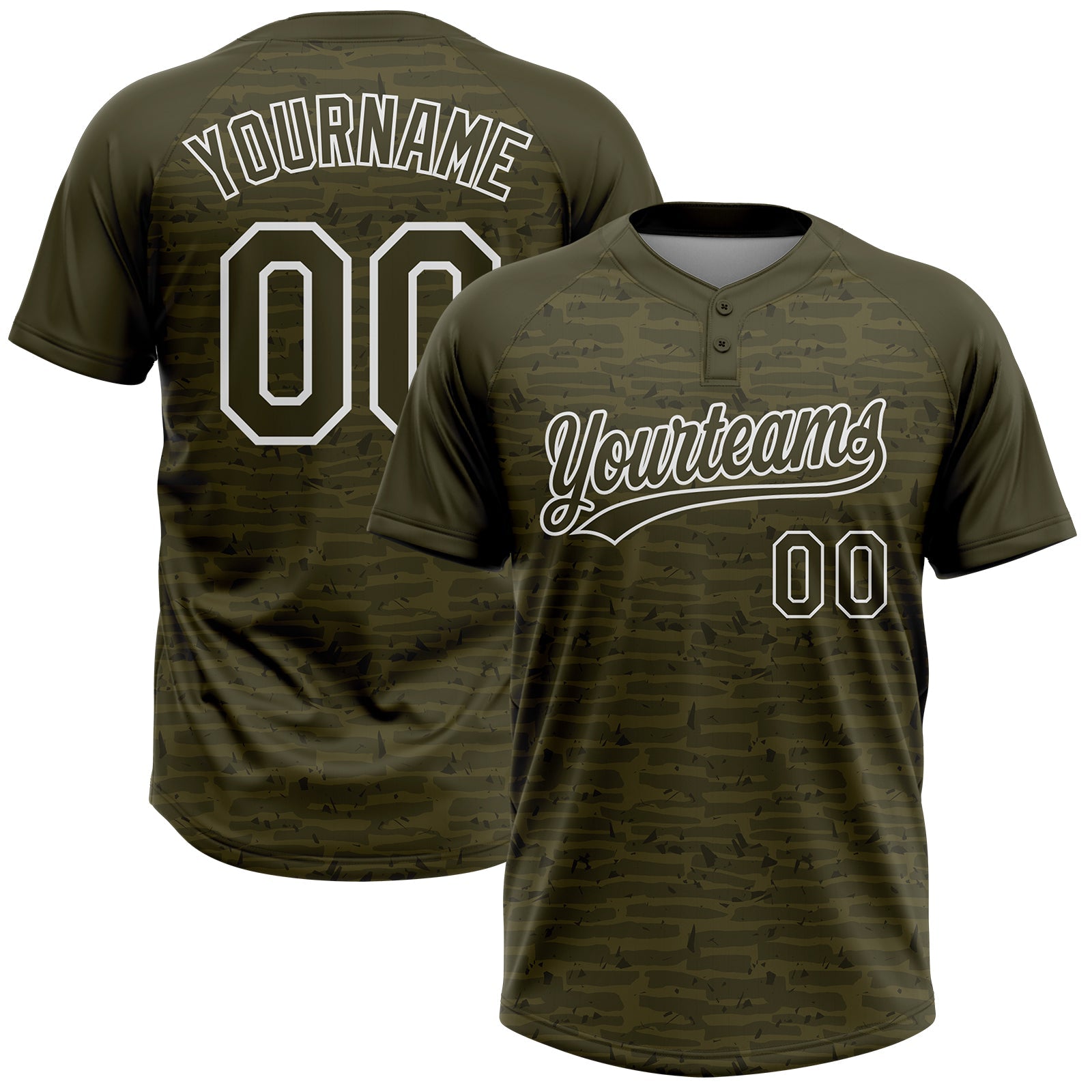 Custom Olive-White Raglan Sleeves Distressed Fragment Brush Stroke Two-Button Unisex Softball Jersey - Main View