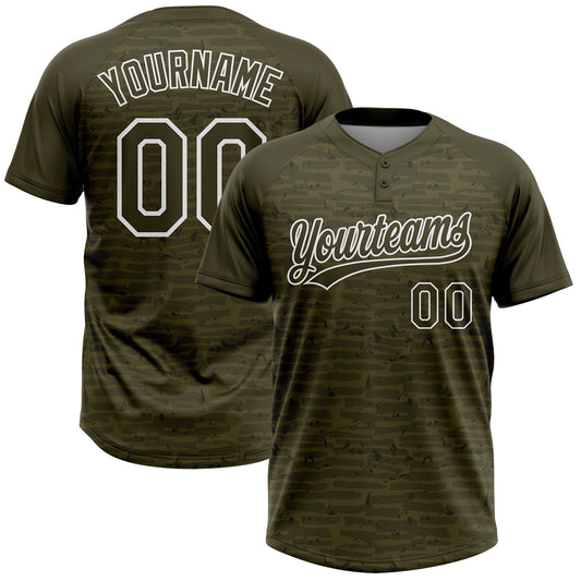 Custom Olive-White Raglan Sleeves Distressed Fragment Brush Stroke Two-Button Unisex Softball Jersey - Main View