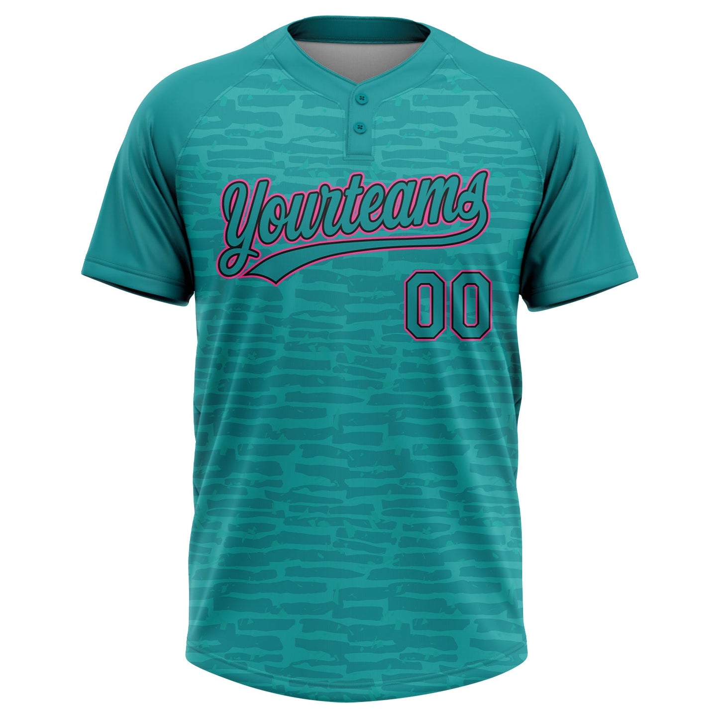 Custom Teal Black-Pink Raglan Sleeves Distressed Fragment Brush Stroke Two-Button Unisex Softball Jersey view 2