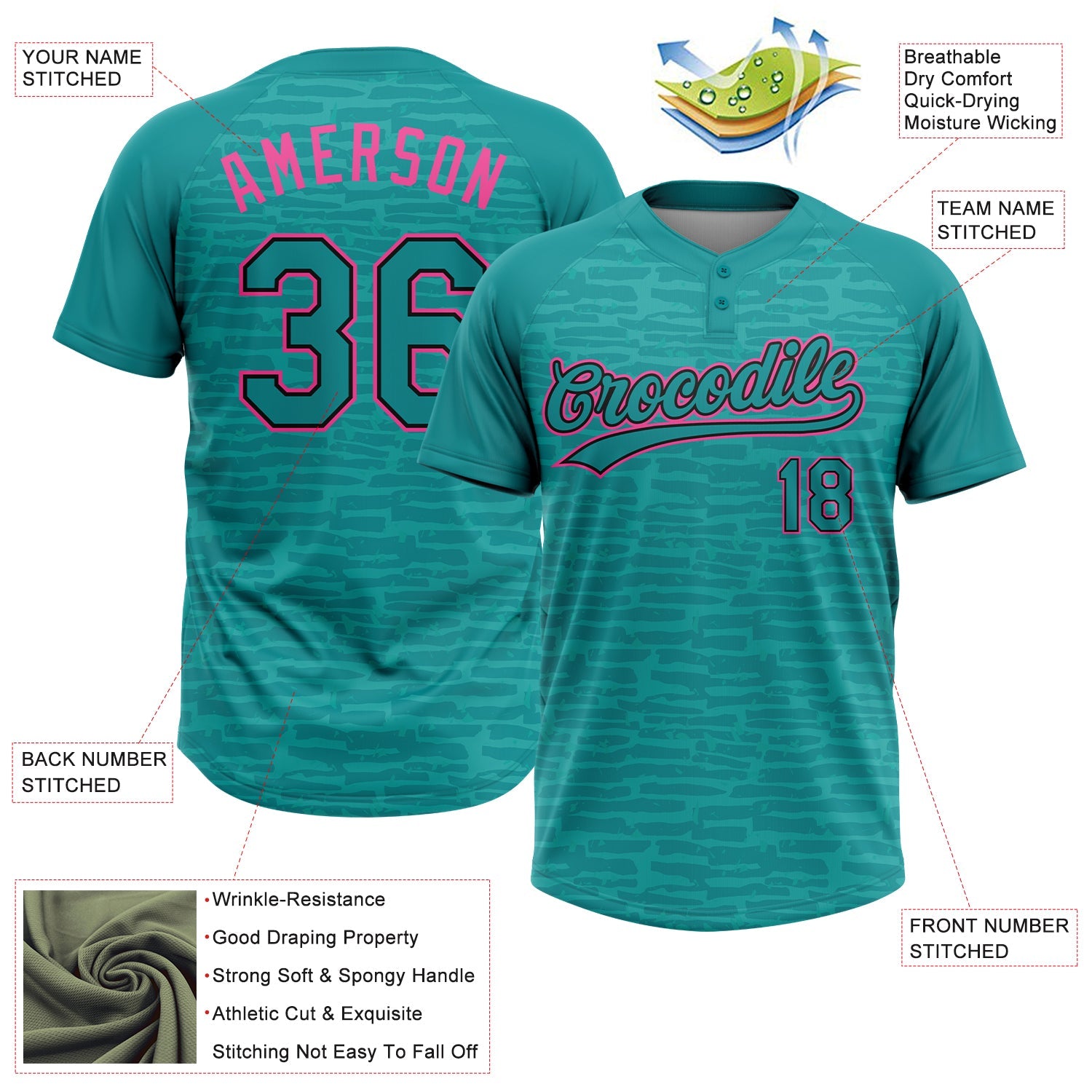 Custom Teal Black-Pink Raglan Sleeves Distressed Fragment Brush Stroke Two-Button Unisex Softball Jersey view 3