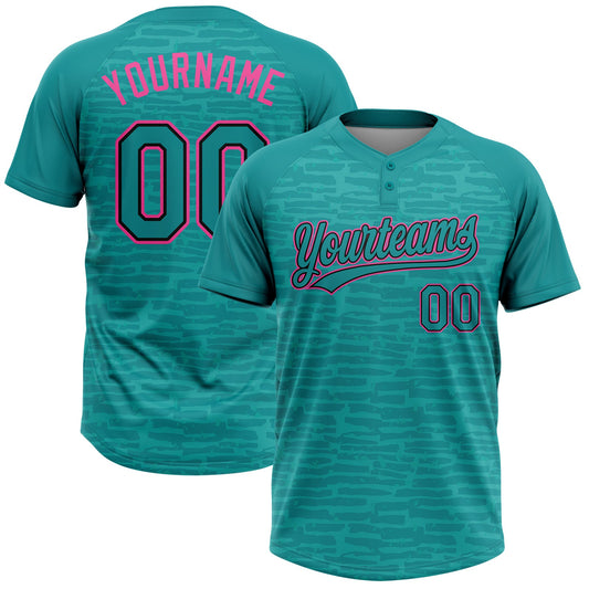 Custom Teal Black-Pink Raglan Sleeves Distressed Fragment Brush Stroke Two-Button Unisex Softball Jersey - Main View