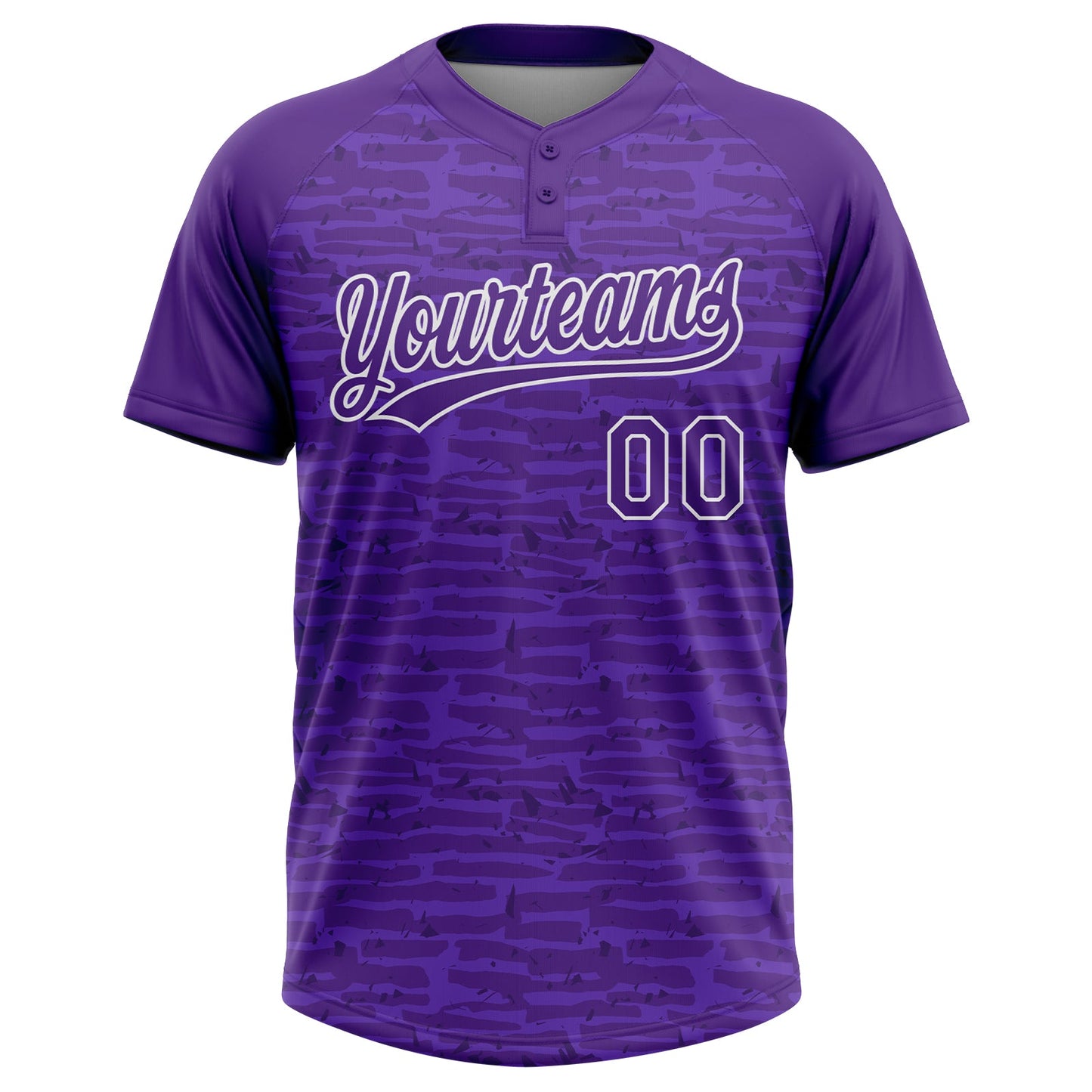Custom Purple-White Raglan Sleeves Distressed Fragment Brush Stroke Two-Button Unisex Softball Jersey view 2