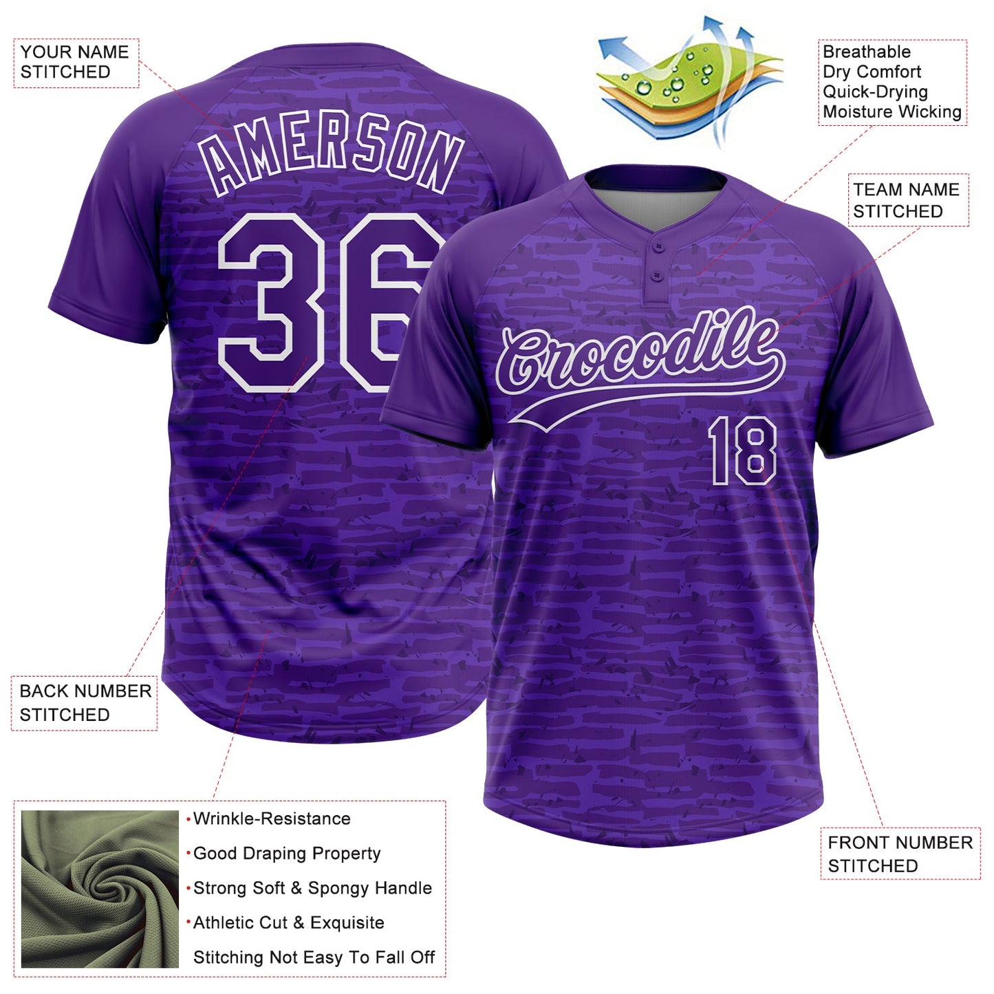 Custom Purple-White Raglan Sleeves Distressed Fragment Brush Stroke Two-Button Unisex Softball Jersey view 3