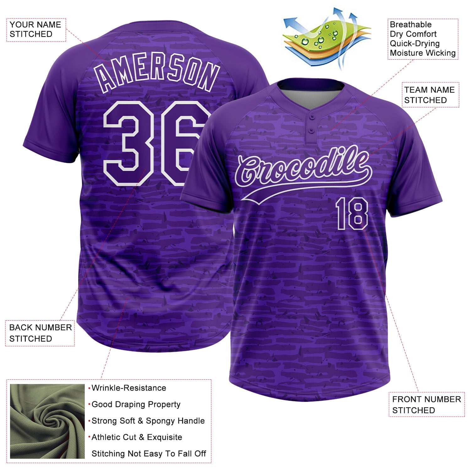 Custom Purple-White Raglan Sleeves Distressed Fragment Brush Stroke Two-Button Unisex Softball Jersey view 3