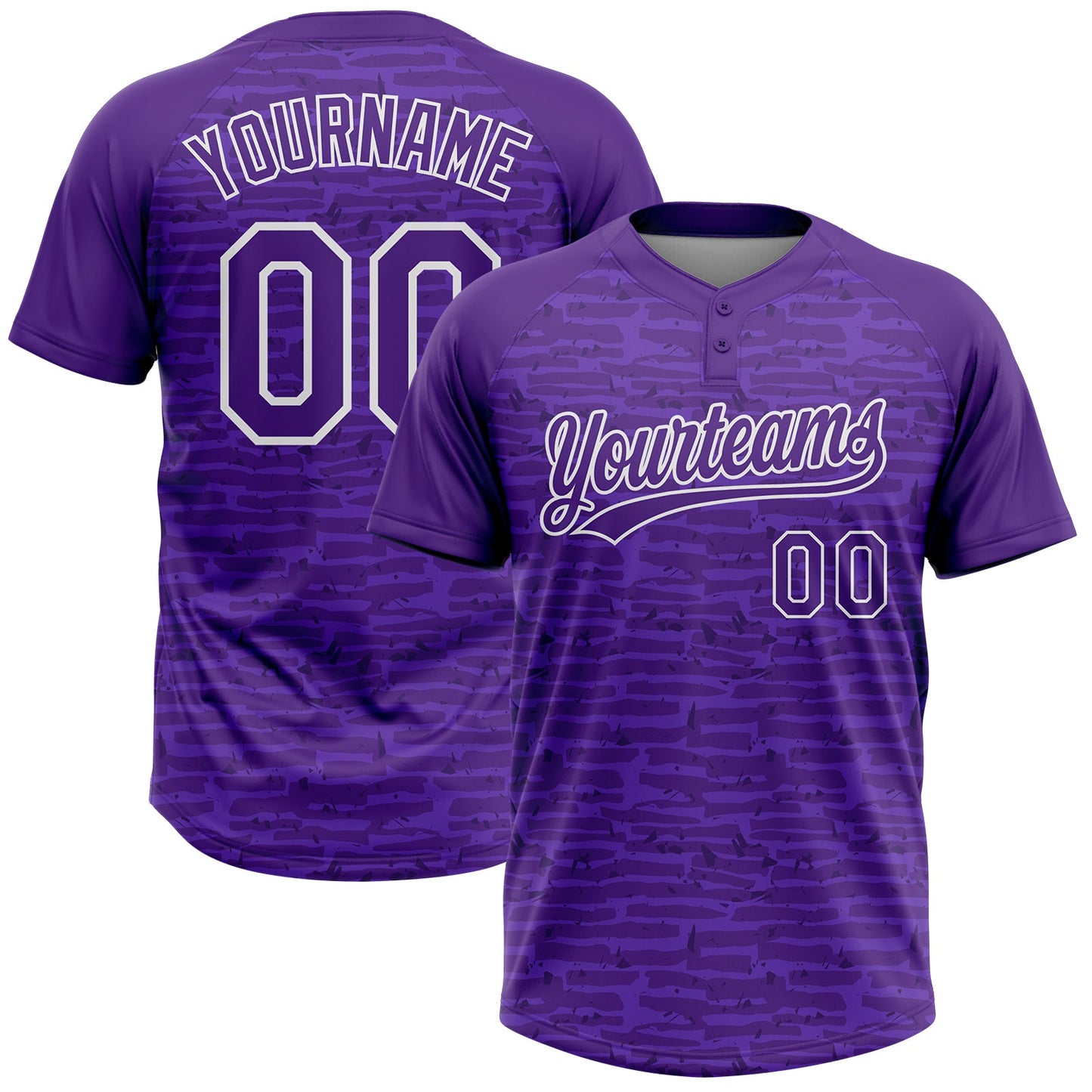 Custom Purple-White Raglan Sleeves Distressed Fragment Brush Stroke Two-Button Unisex Softball Jersey - Main View