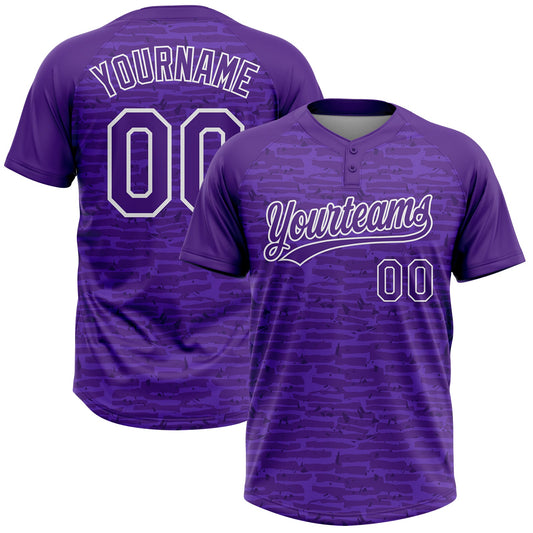 Custom Purple-White Raglan Sleeves Distressed Fragment Brush Stroke Two-Button Unisex Softball Jersey - Main View