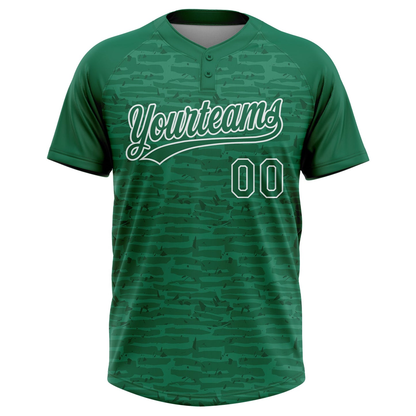 Custom Kelly Green-White Raglan Sleeves Distressed Fragment Brush Stroke Two-Button Unisex Softball Jersey view 2