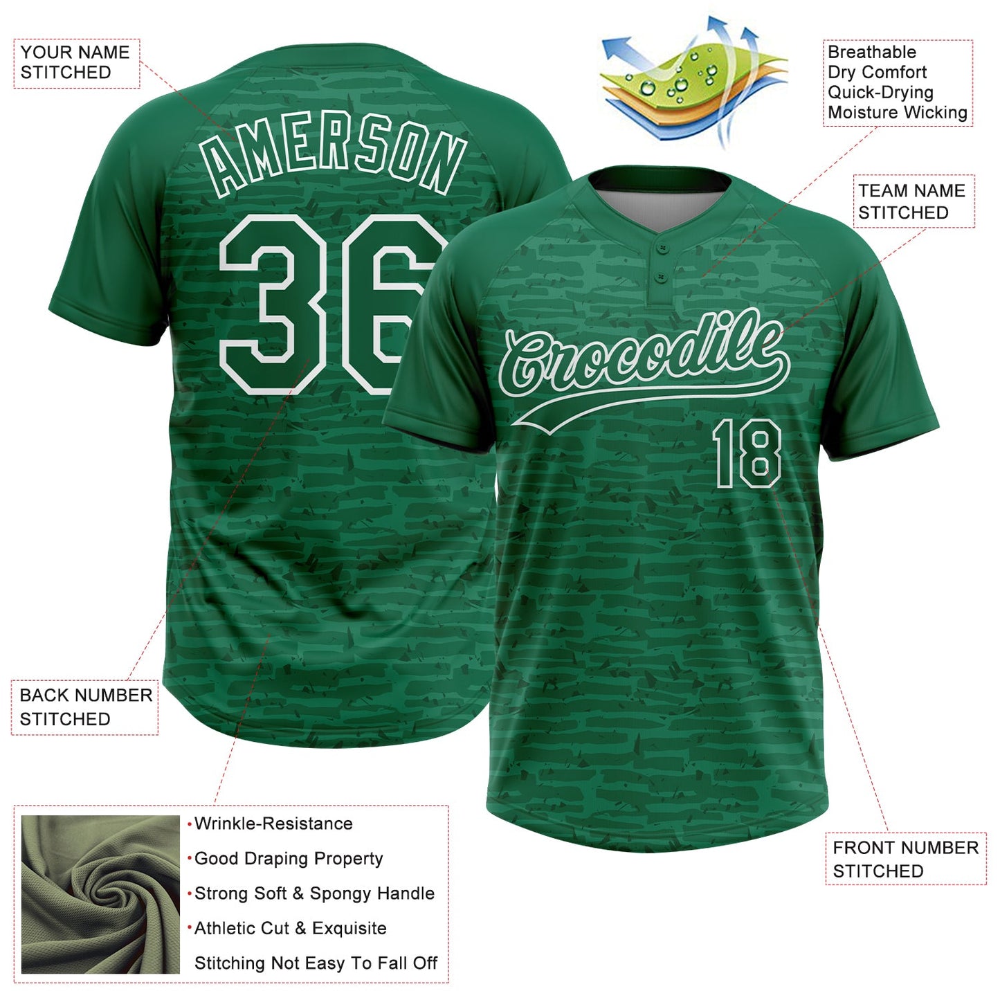 Custom Kelly Green-White Raglan Sleeves Distressed Fragment Brush Stroke Two-Button Unisex Softball Jersey view 3