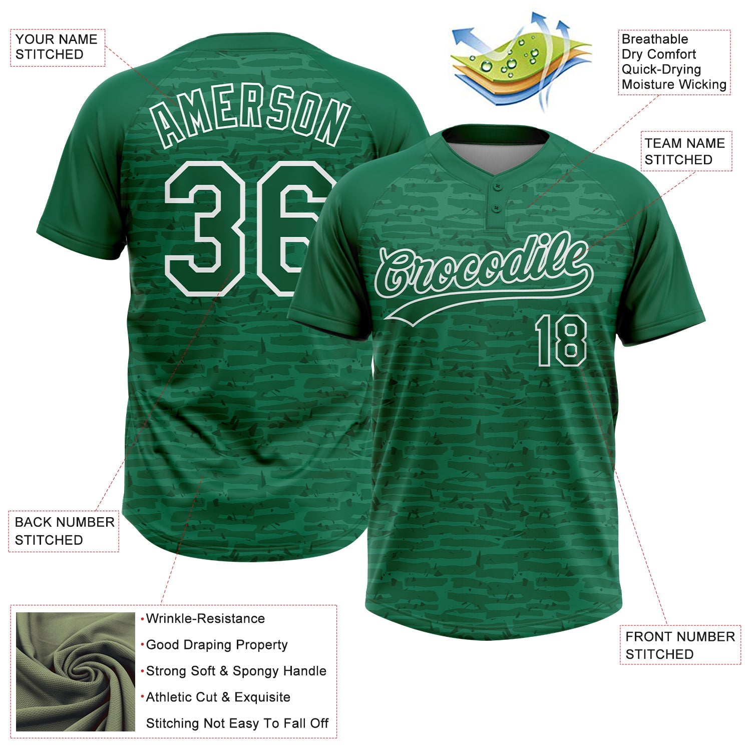 Custom Kelly Green-White Raglan Sleeves Distressed Fragment Brush Stroke Two-Button Unisex Softball Jersey view 3