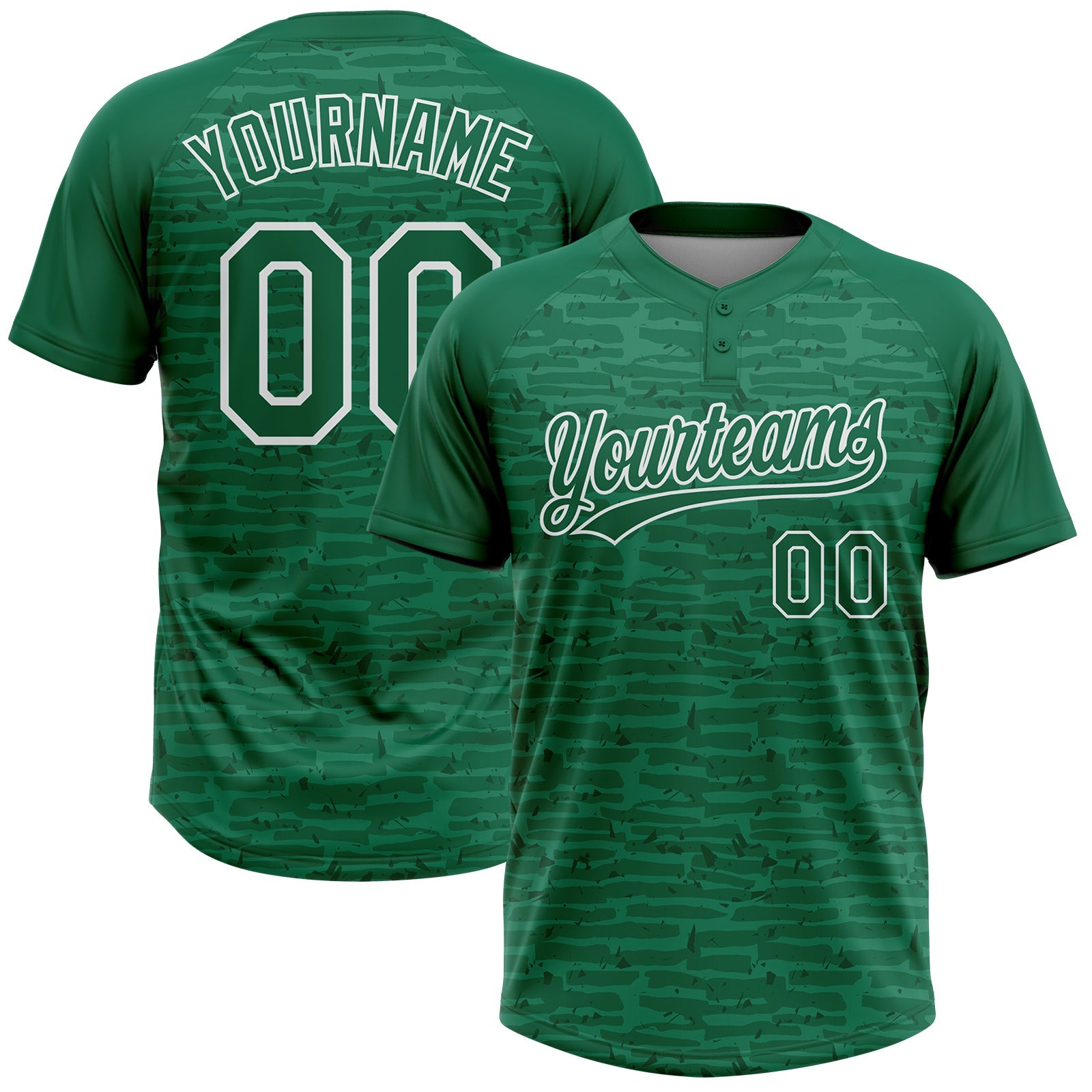 Custom Kelly Green-White Raglan Sleeves Distressed Fragment Brush Stroke Two-Button Unisex Softball Jersey - Main View