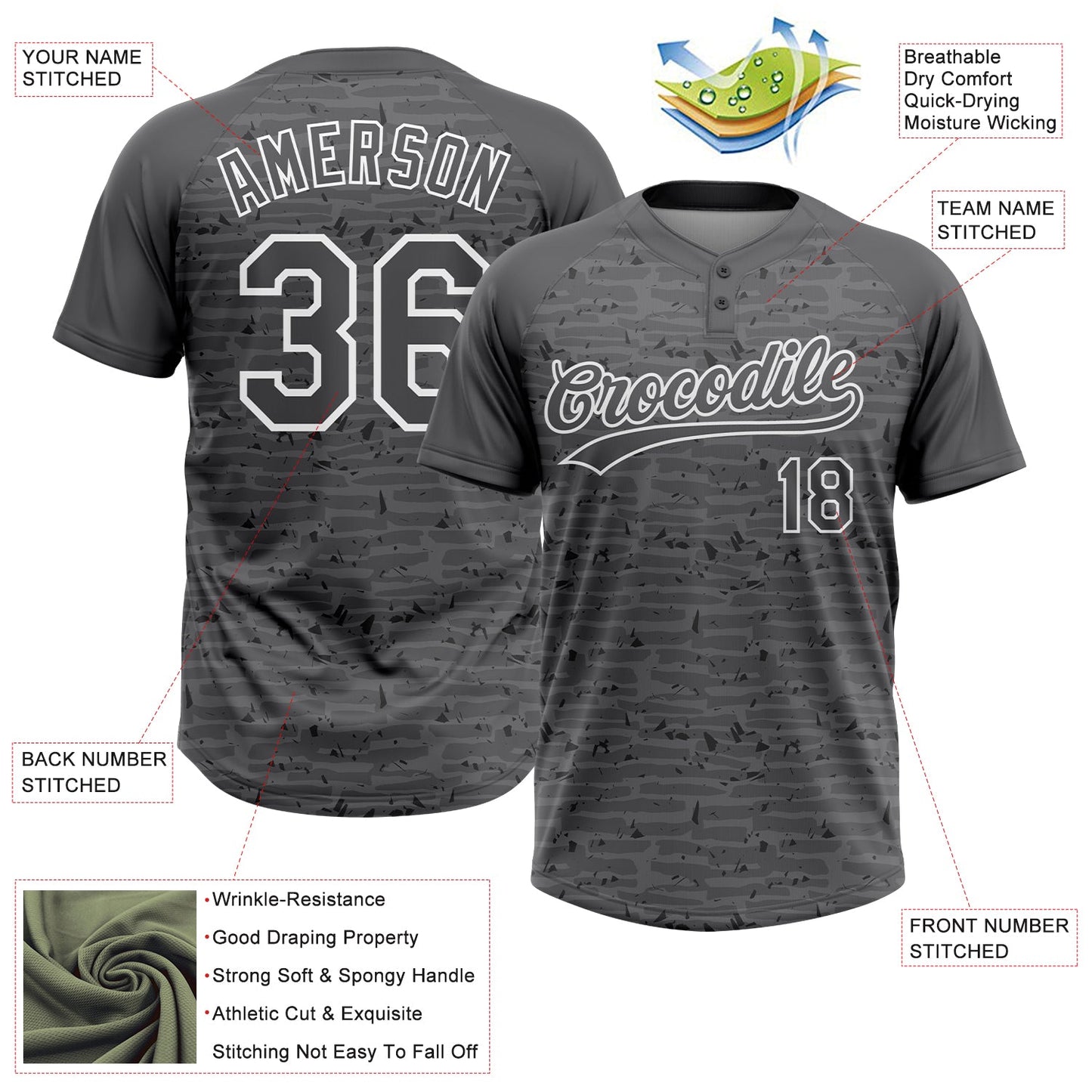 Custom Steel Gray-White Raglan Sleeves Distressed Fragment Brush Stroke Two-Button Unisex Softball Jersey view 3