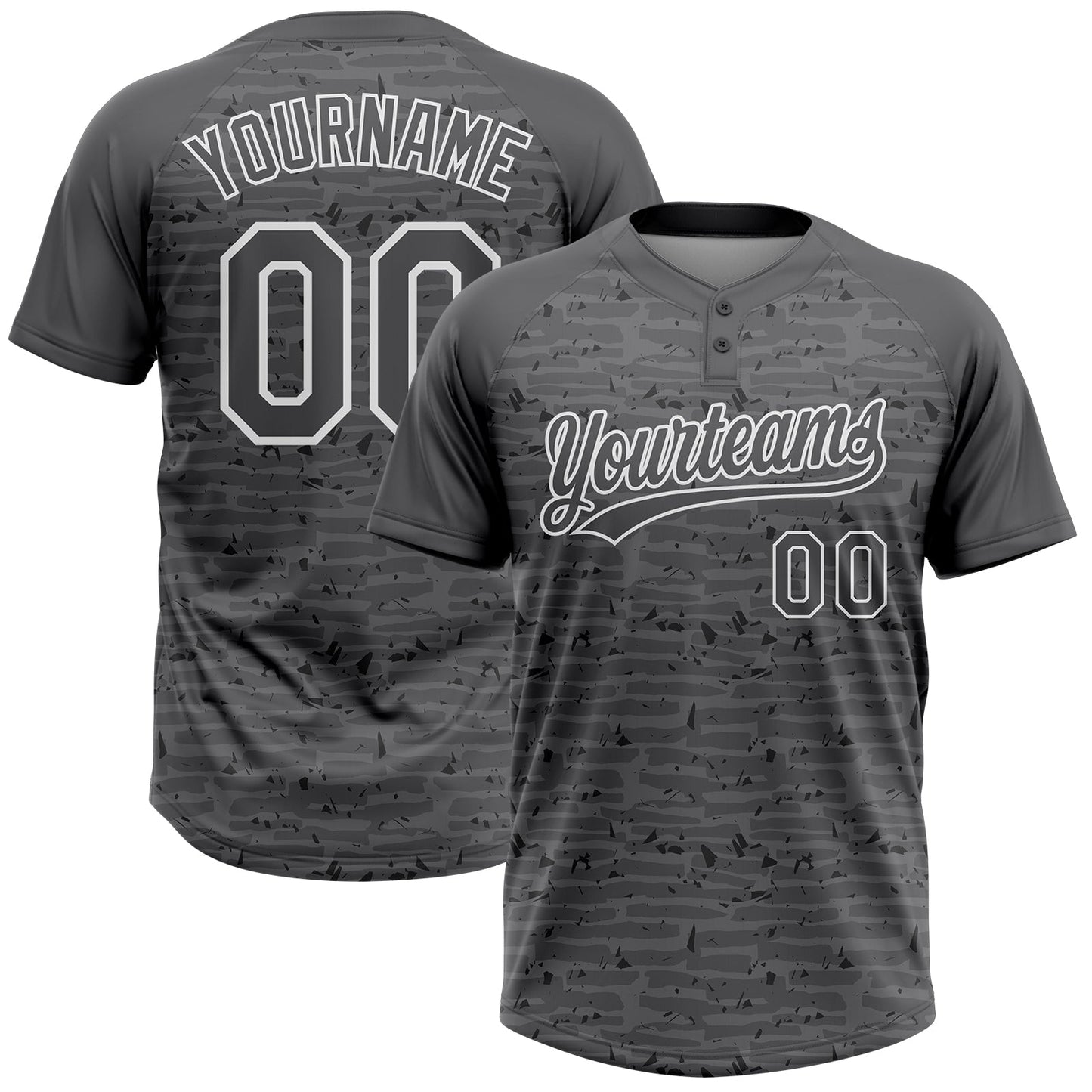 Custom Steel Gray-White Raglan Sleeves Distressed Fragment Brush Stroke Two-Button Unisex Softball Jersey - Main View