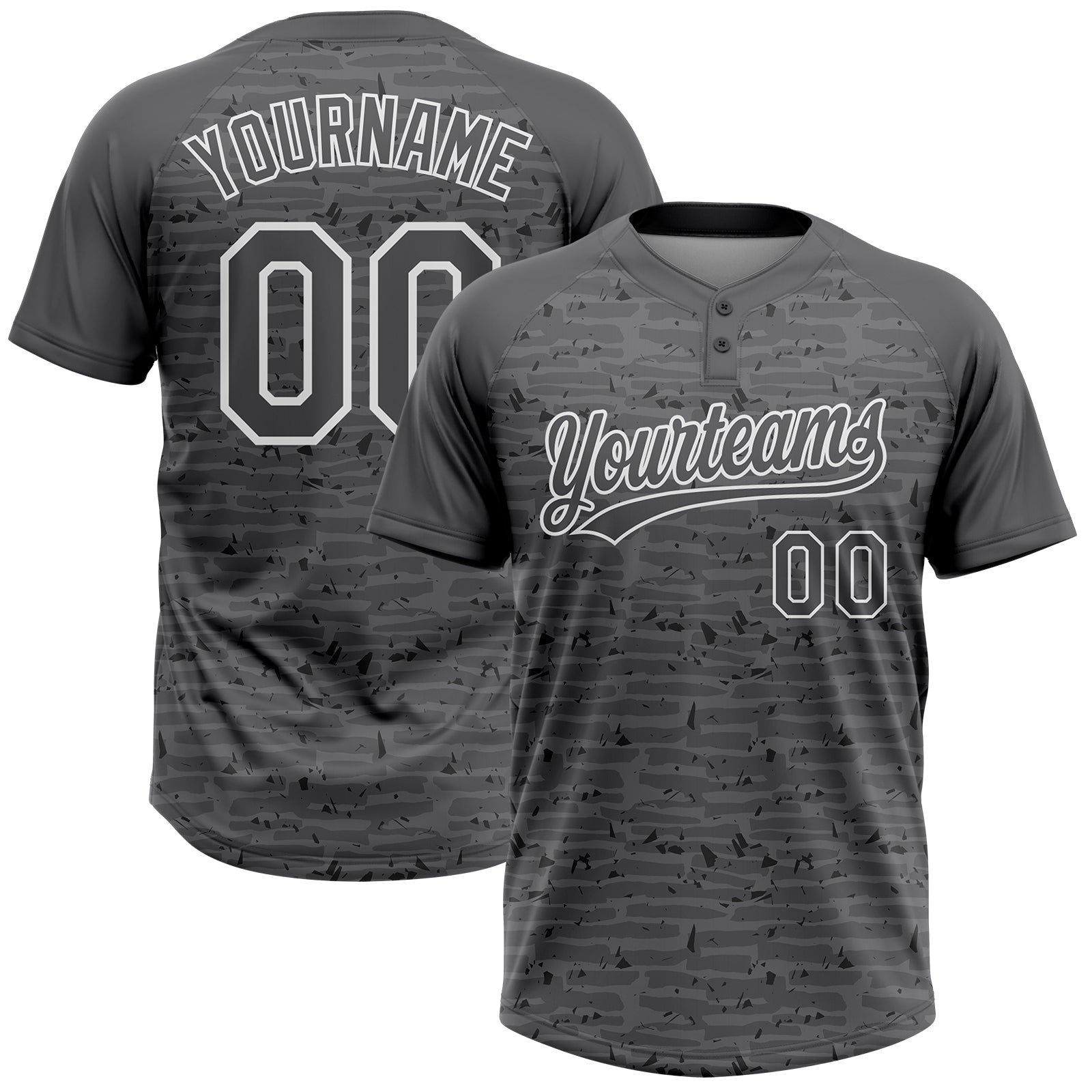 Custom Steel Gray-White Raglan Sleeves Distressed Fragment Brush Stroke Two-Button Unisex Softball Jersey - Main View