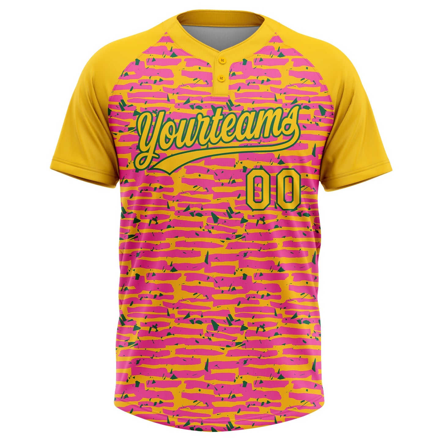 Custom Pink Yellow-Kelly Green Raglan Sleeves Distressed Fragment Brush Stroke Two-Button Unisex Softball Jersey view 2