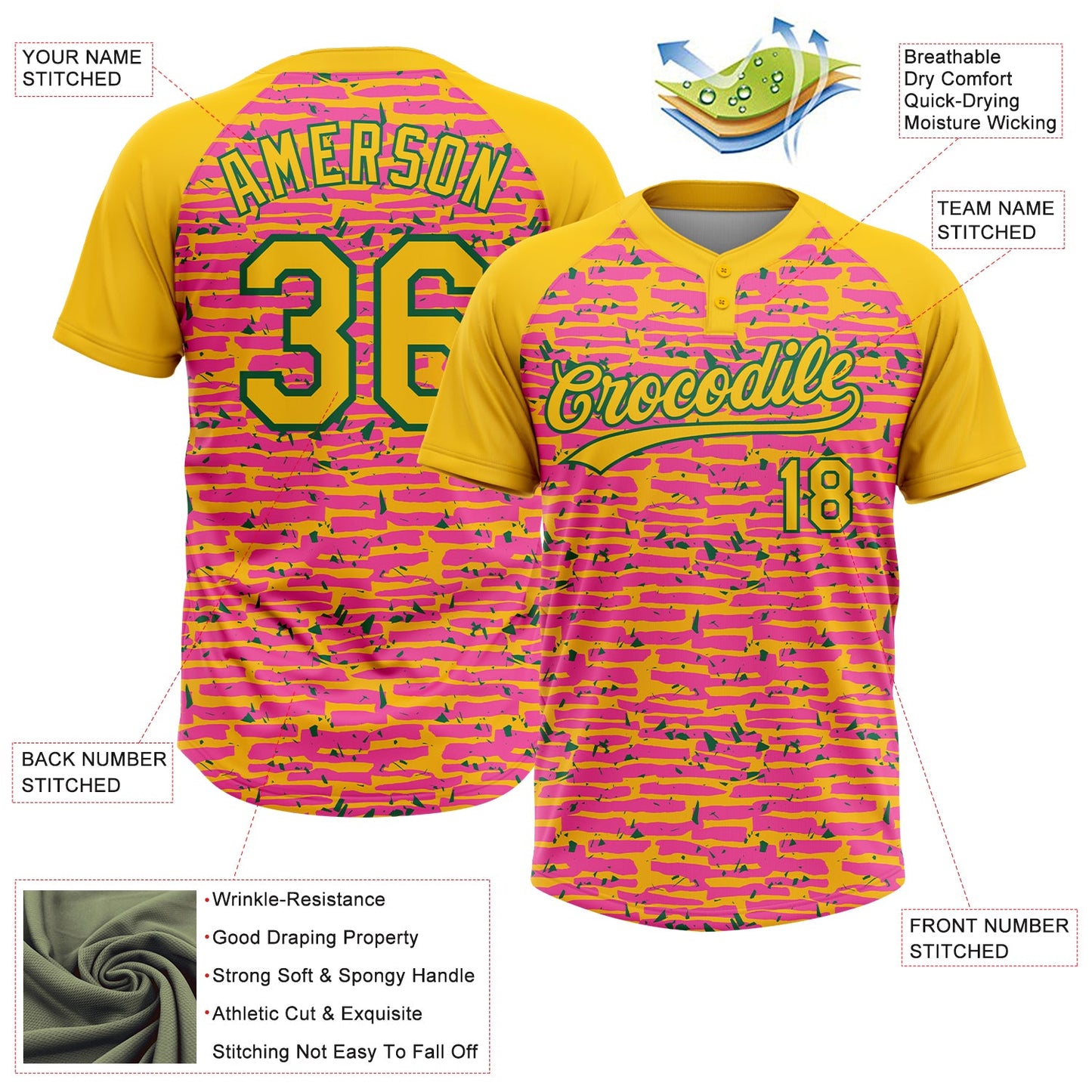 Custom Pink Yellow-Kelly Green Raglan Sleeves Distressed Fragment Brush Stroke Two-Button Unisex Softball Jersey view 3