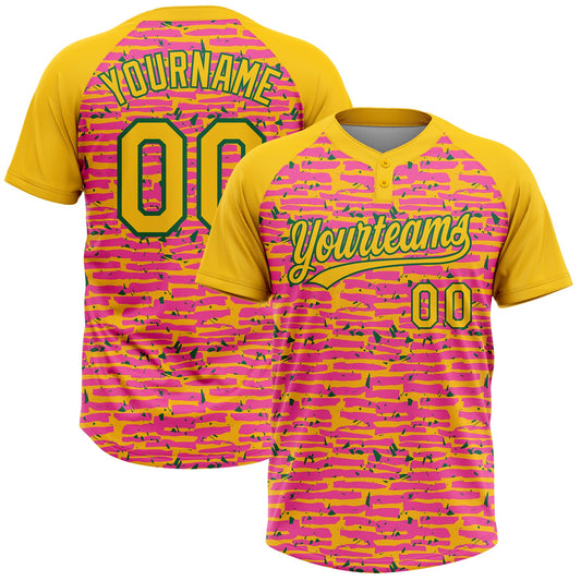 Custom Pink Yellow-Kelly Green Raglan Sleeves Distressed Fragment Brush Stroke Two-Button Unisex Softball Jersey - Main View