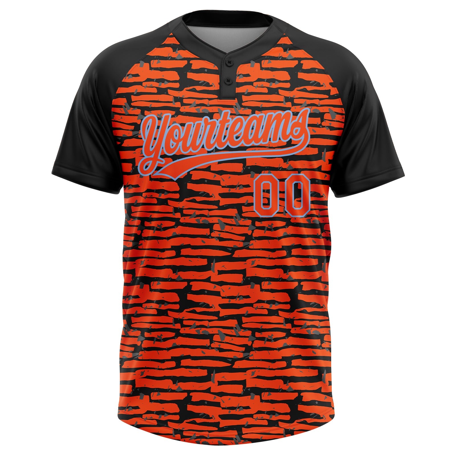 Custom Orange Black-Light Blue Raglan Sleeves Distressed Fragment Brush Stroke Two-Button Unisex Softball Jersey view 2