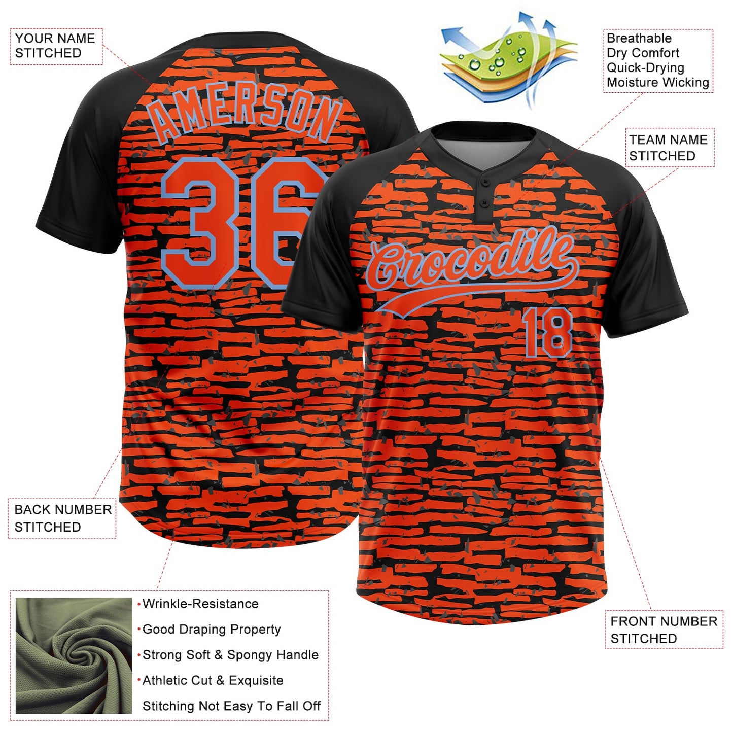 Custom Orange Black-Light Blue Raglan Sleeves Distressed Fragment Brush Stroke Two-Button Unisex Softball Jersey view 3