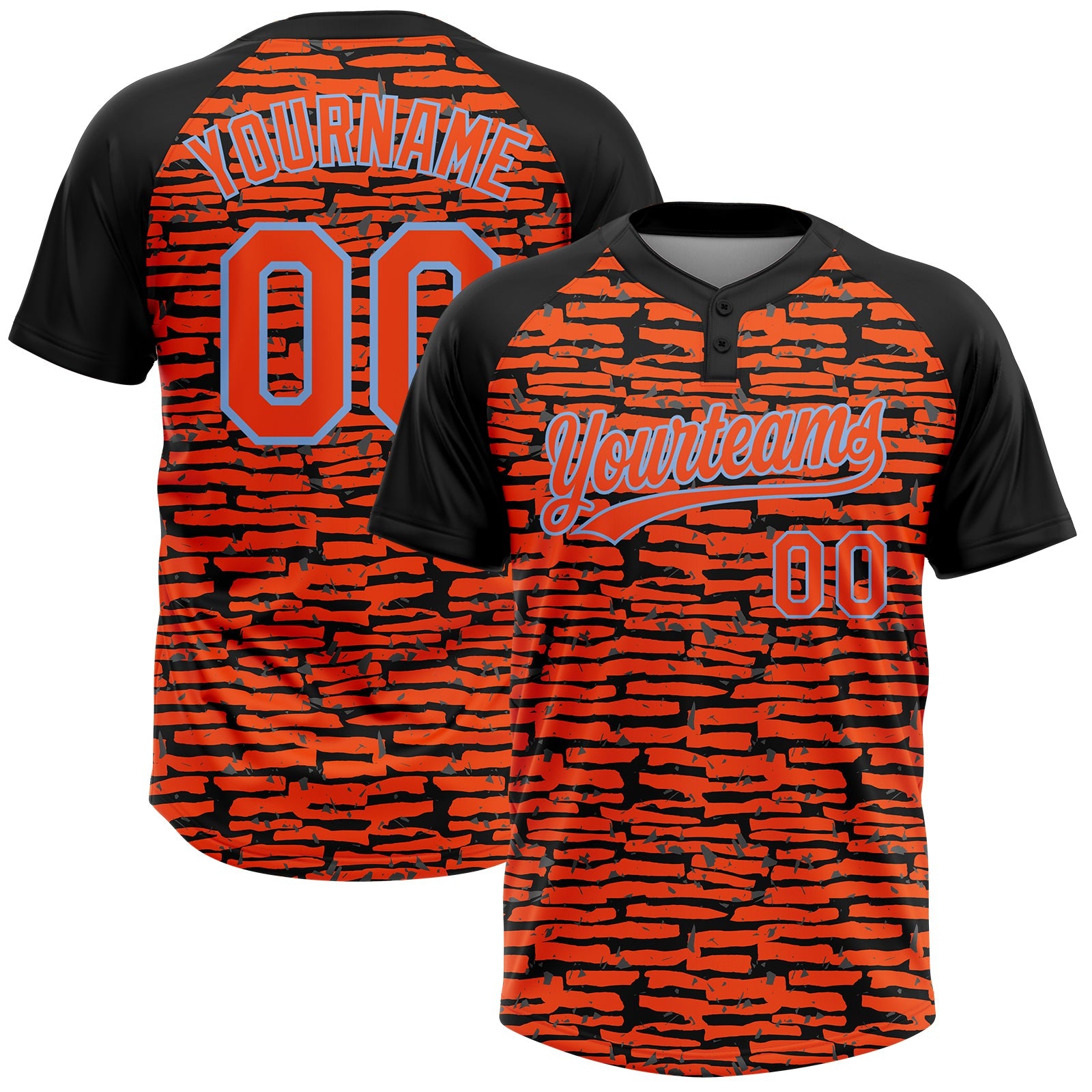 Custom Orange Black-Light Blue Raglan Sleeves Distressed Fragment Brush Stroke Two-Button Unisex Softball Jersey - Main View