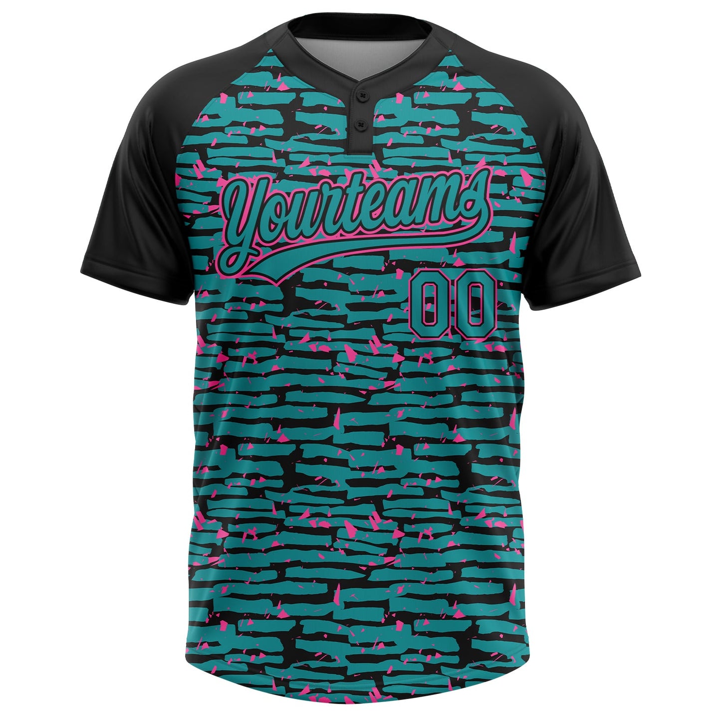 Custom Teal Black-Pink Raglan Sleeves Distressed Fragment Brush Stroke Two-Button Unisex Softball Jersey view 2