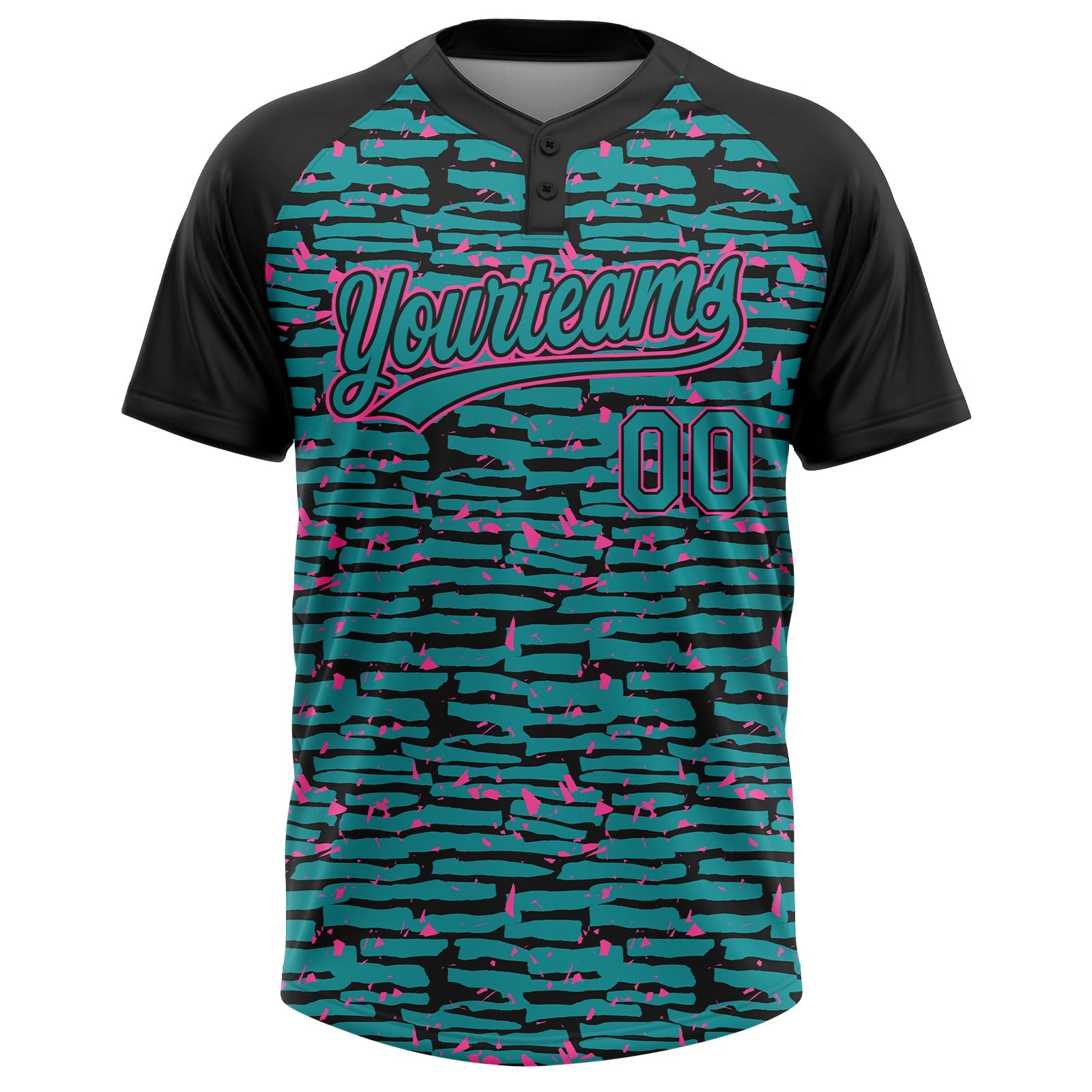 Custom Teal Black-Pink Raglan Sleeves Distressed Fragment Brush Stroke Two-Button Unisex Softball Jersey view 2