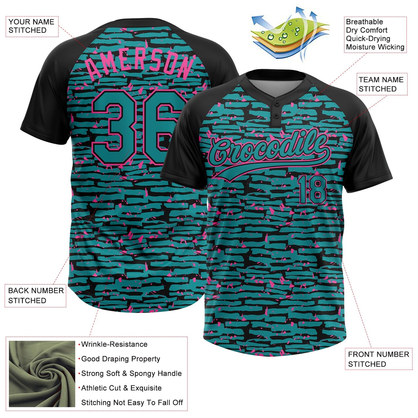 Custom Teal Black-Pink Raglan Sleeves Distressed Fragment Brush Stroke Two-Button Unisex Softball Jersey view 3
