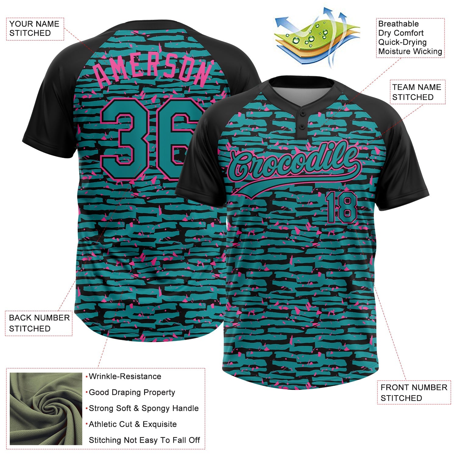 Custom Teal Black-Pink Raglan Sleeves Distressed Fragment Brush Stroke Two-Button Unisex Softball Jersey view 3