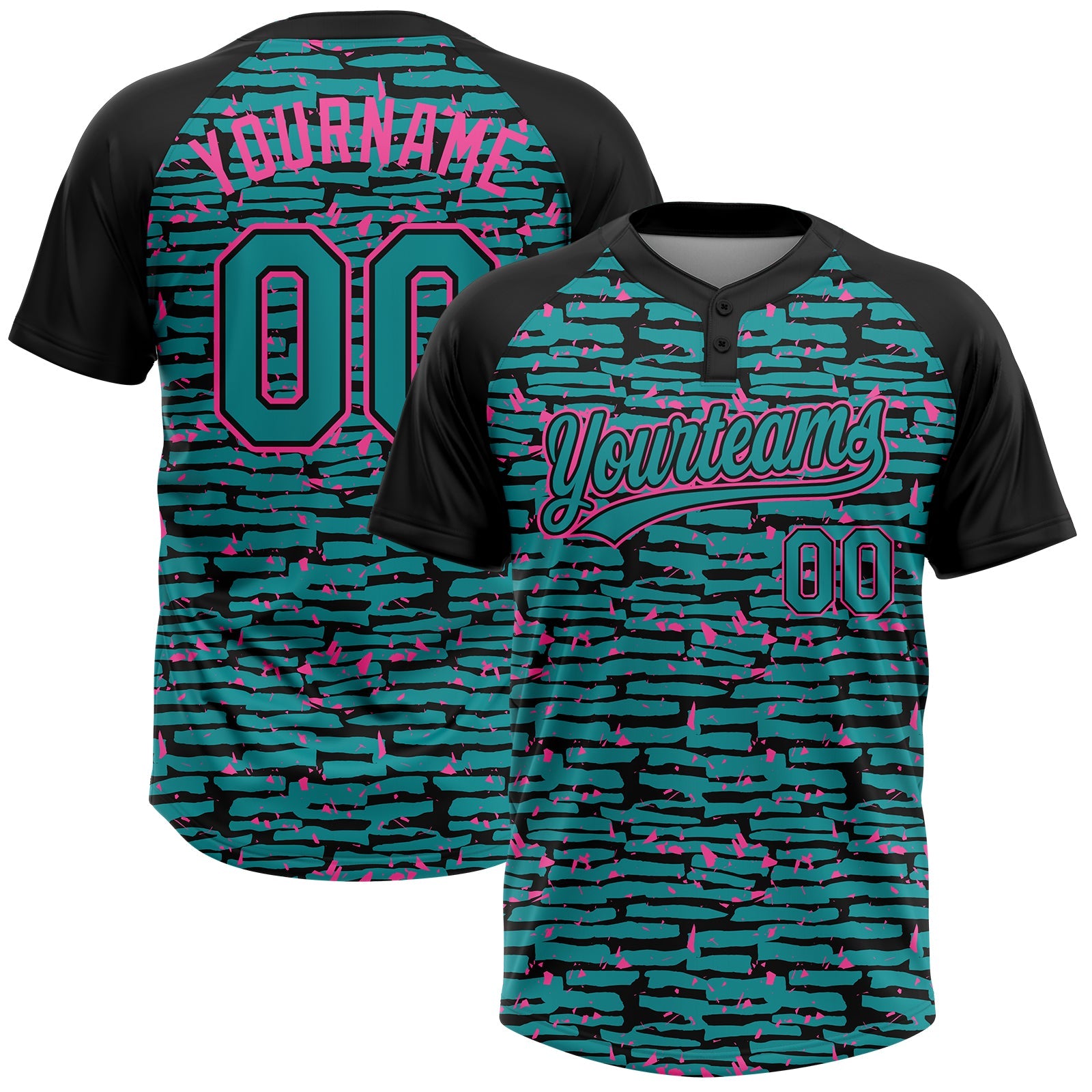 Custom Teal Black-Pink Raglan Sleeves Distressed Fragment Brush Stroke Two-Button Unisex Softball Jersey - Main View
