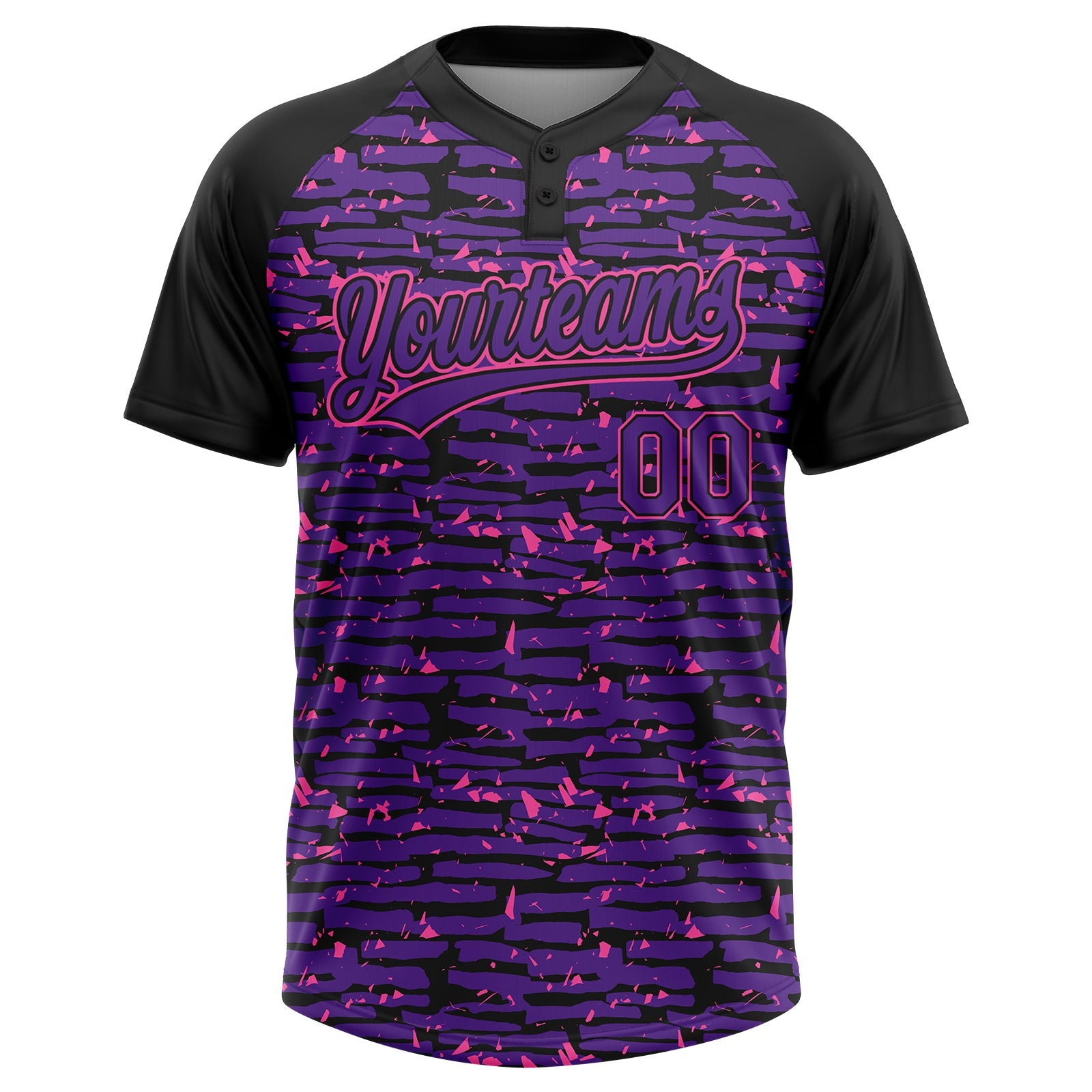 Custom Purple Black-Pink Raglan Sleeves Distressed Fragment Brush Stroke Two-Button Unisex Softball Jersey view 2