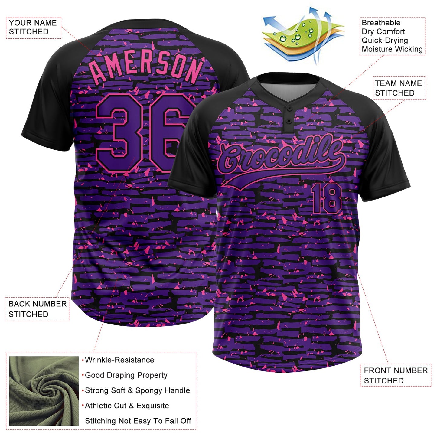 Custom Purple Black-Pink Raglan Sleeves Distressed Fragment Brush Stroke Two-Button Unisex Softball Jersey view 3