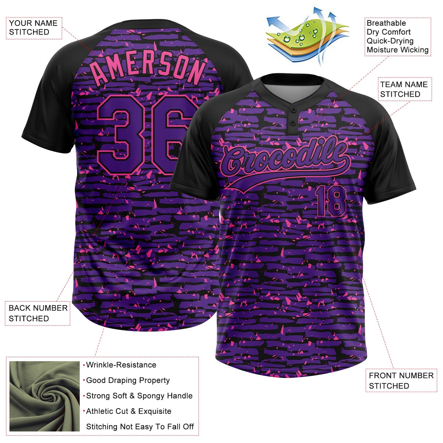 Custom Purple Black-Pink Raglan Sleeves Distressed Fragment Brush Stroke Two-Button Unisex Softball Jersey view 3