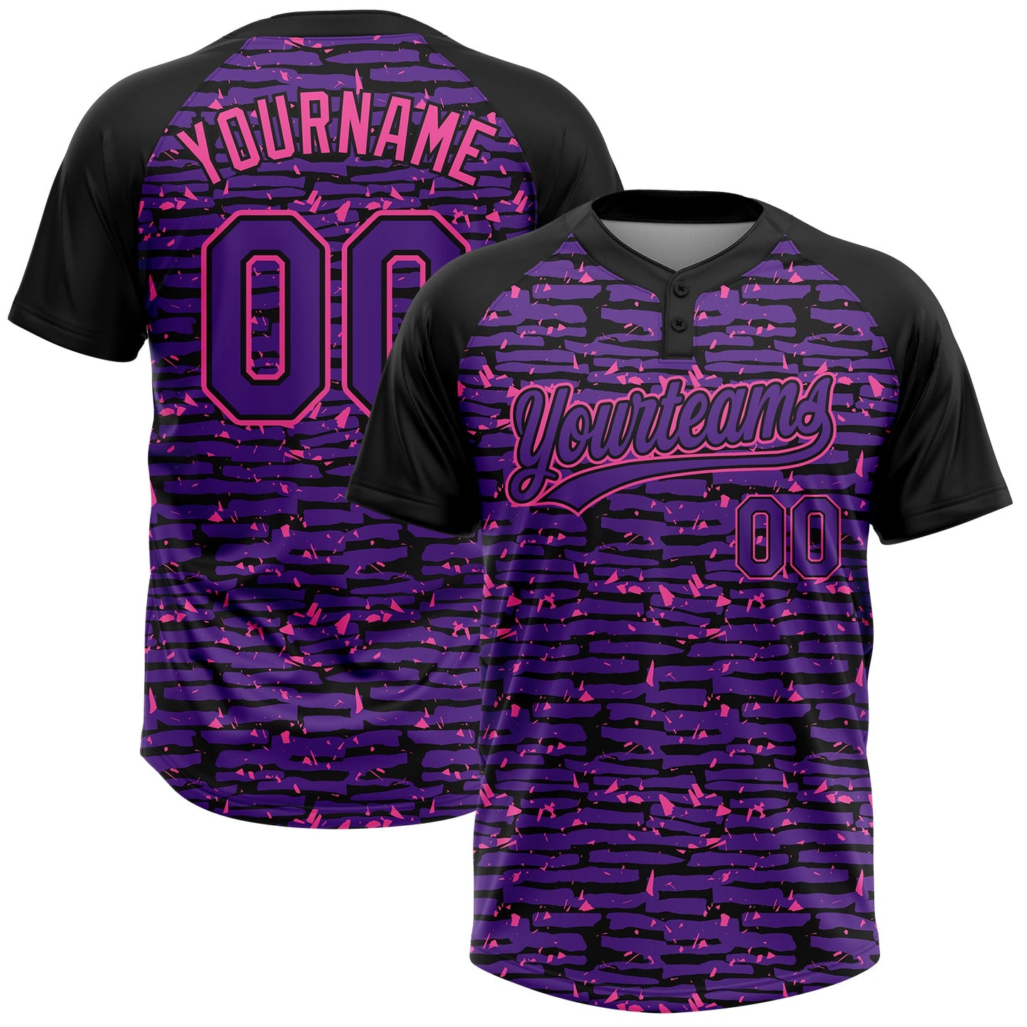 Custom Purple Black-Pink Raglan Sleeves Distressed Fragment Brush Stroke Two-Button Unisex Softball Jersey - Main View