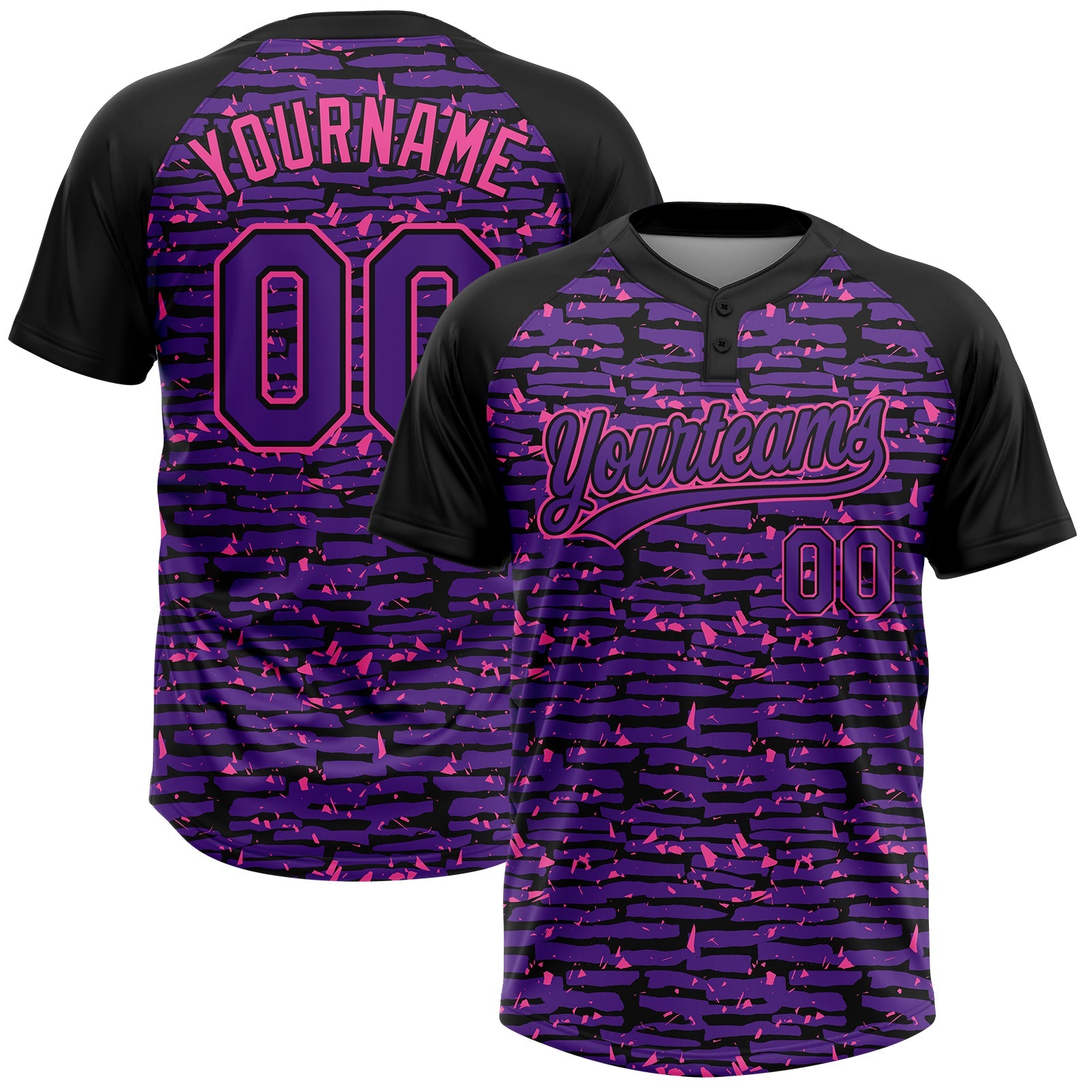 Custom Purple Black-Pink Raglan Sleeves Distressed Fragment Brush Stroke Two-Button Unisex Softball Jersey - Main View