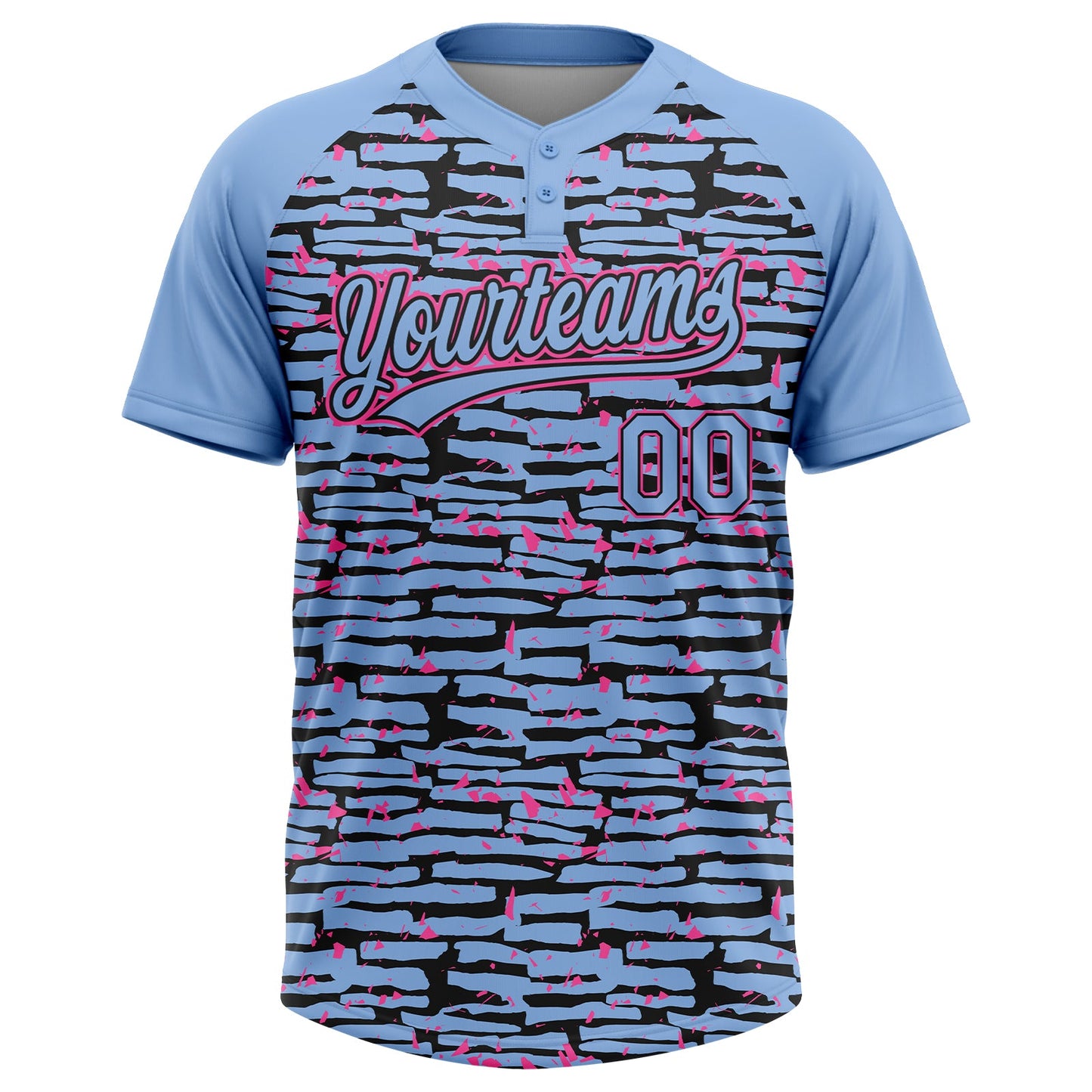 Custom Light Blue Black-Pink Raglan Sleeves Distressed Fragment Brush Stroke Two-Button Unisex Softball Jersey view 2