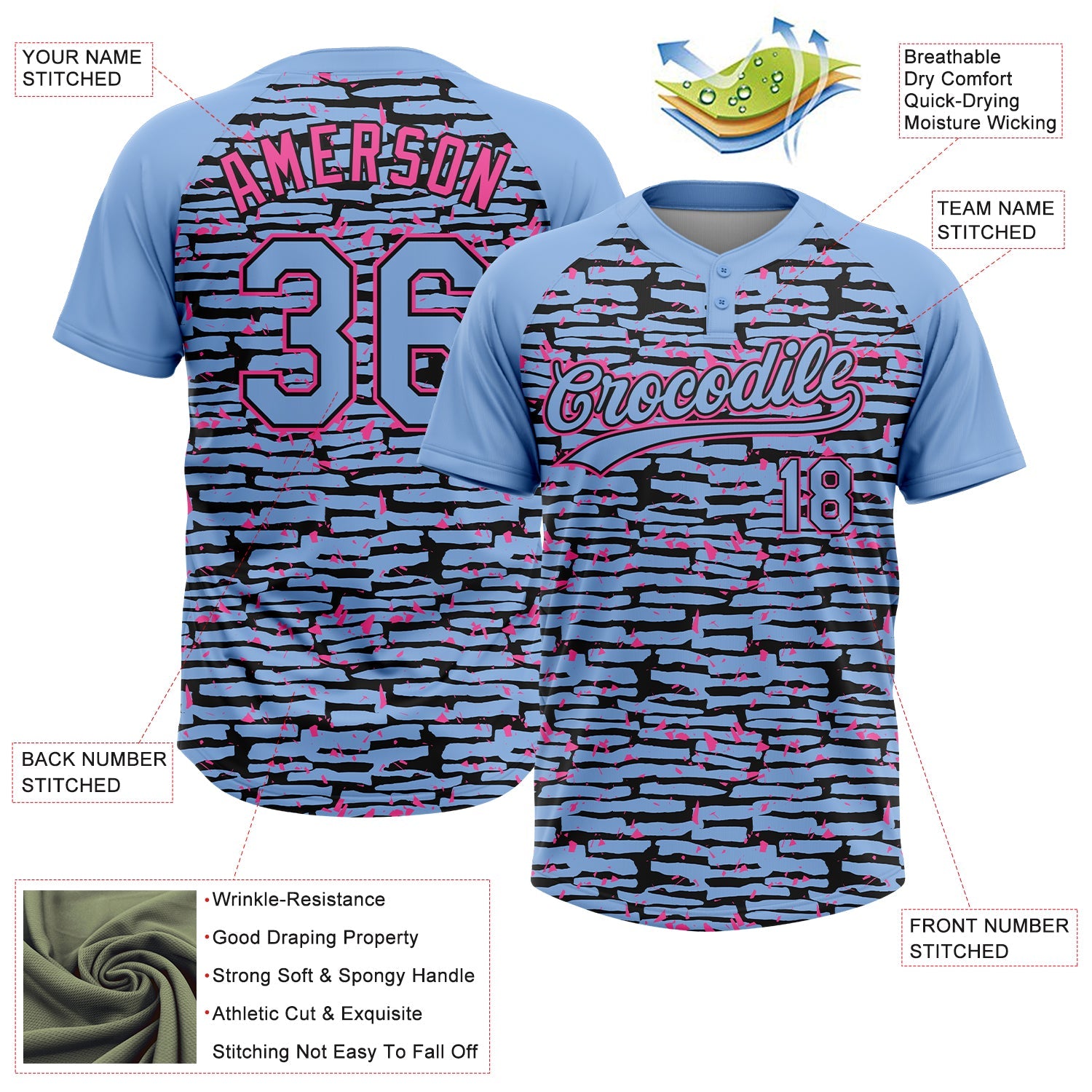Custom Light Blue Black-Pink Raglan Sleeves Distressed Fragment Brush Stroke Two-Button Unisex Softball Jersey view 3