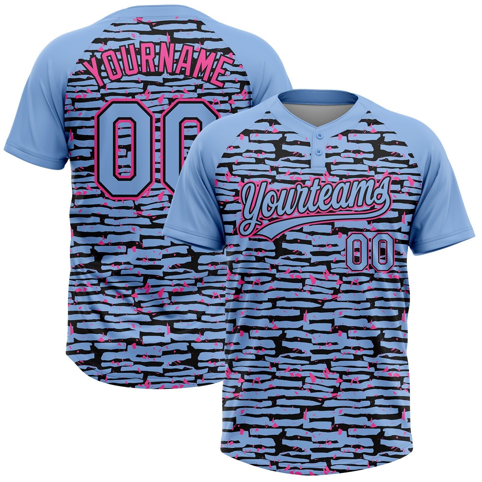 Custom Light Blue Black-Pink Raglan Sleeves Distressed Fragment Brush Stroke Two-Button Unisex Softball Jersey - Main View