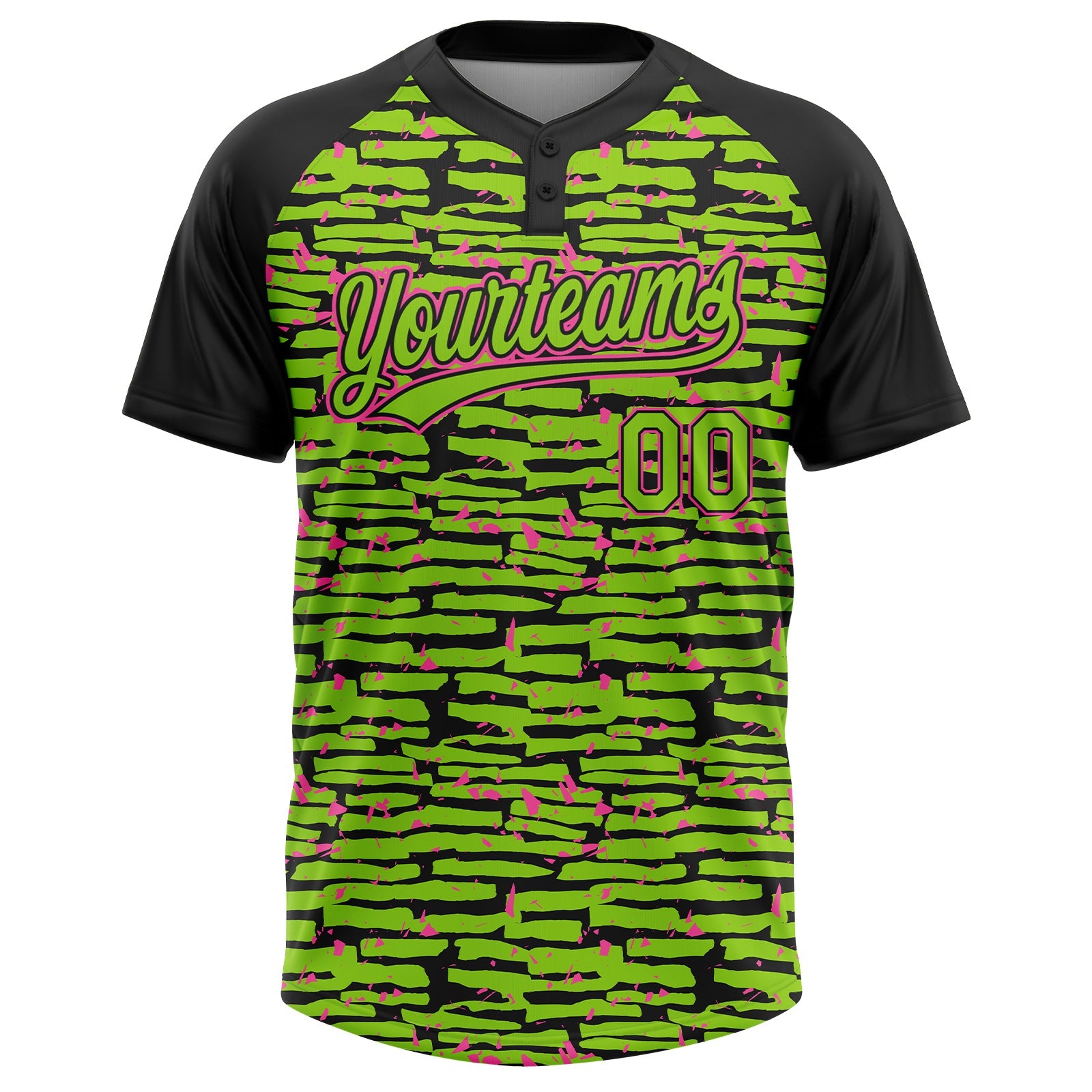 Custom Neon Green Black-Pink Raglan Sleeves Distressed Fragment Brush Stroke Two-Button Unisex Softball Jersey view 2