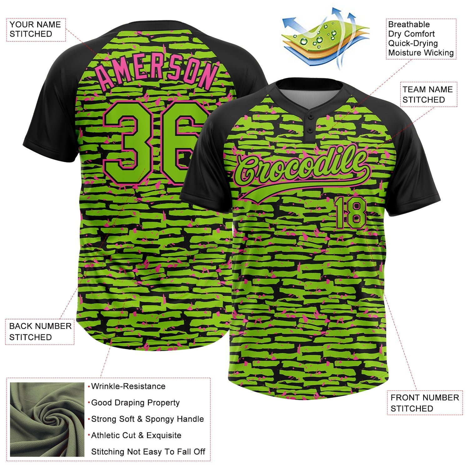 Custom Neon Green Black-Pink Raglan Sleeves Distressed Fragment Brush Stroke Two-Button Unisex Softball Jersey view 3