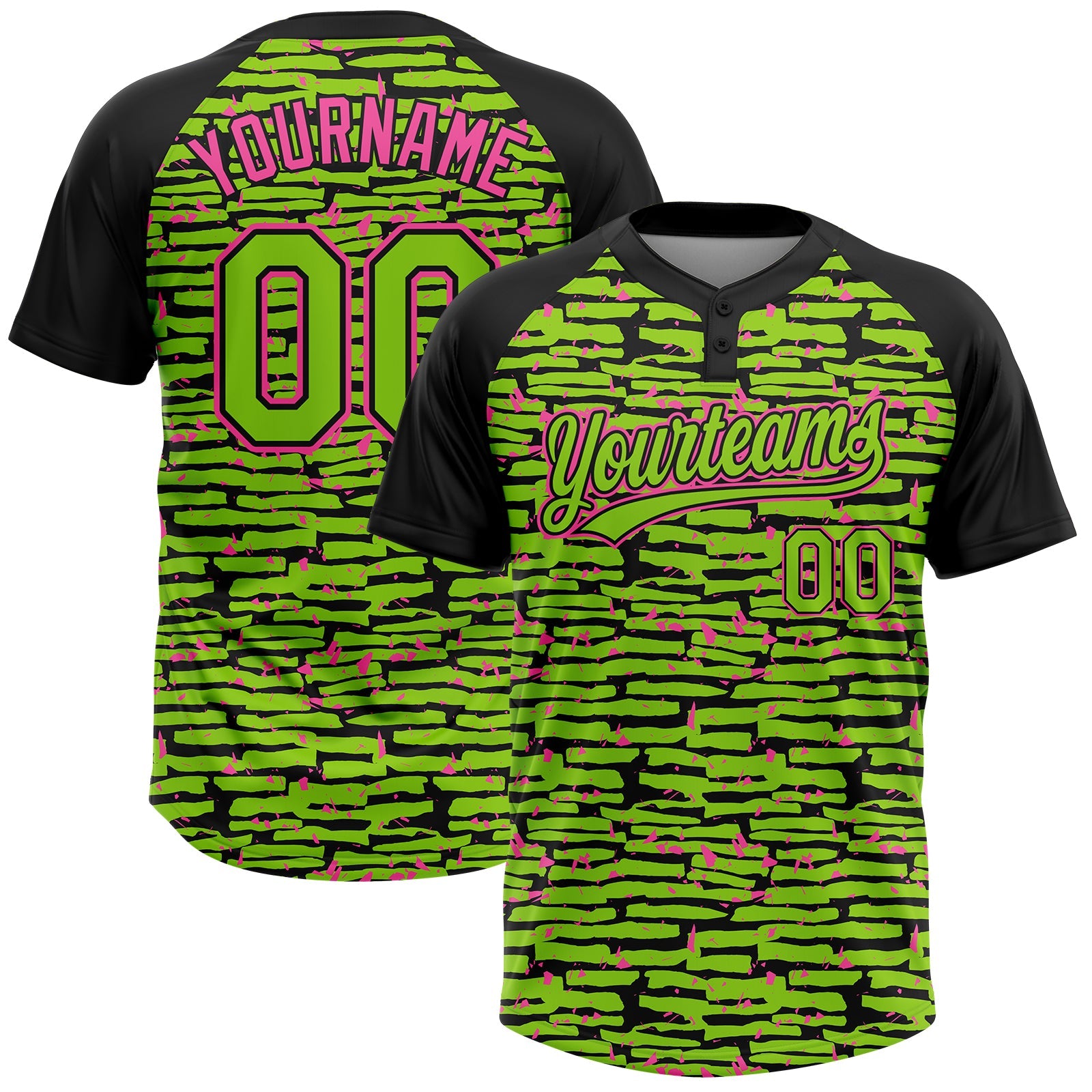 Custom Neon Green Black-Pink Raglan Sleeves Distressed Fragment Brush Stroke Two-Button Unisex Softball Jersey - Main View