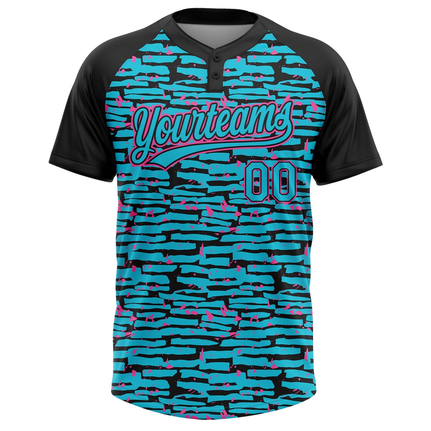 Custom Lakes Blue Black-Pink Raglan Sleeves Distressed Fragment Brush Stroke Two-Button Unisex Softball Jersey view 2