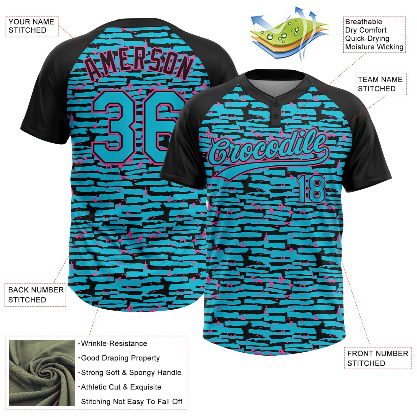 Custom Lakes Blue Black-Pink Raglan Sleeves Distressed Fragment Brush Stroke Two-Button Unisex Softball Jersey view 3