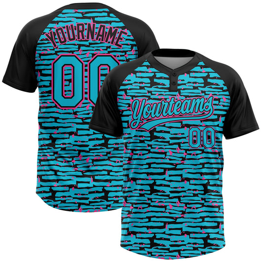 Custom Lakes Blue Black-Pink Raglan Sleeves Distressed Fragment Brush Stroke Two-Button Unisex Softball Jersey - Main View