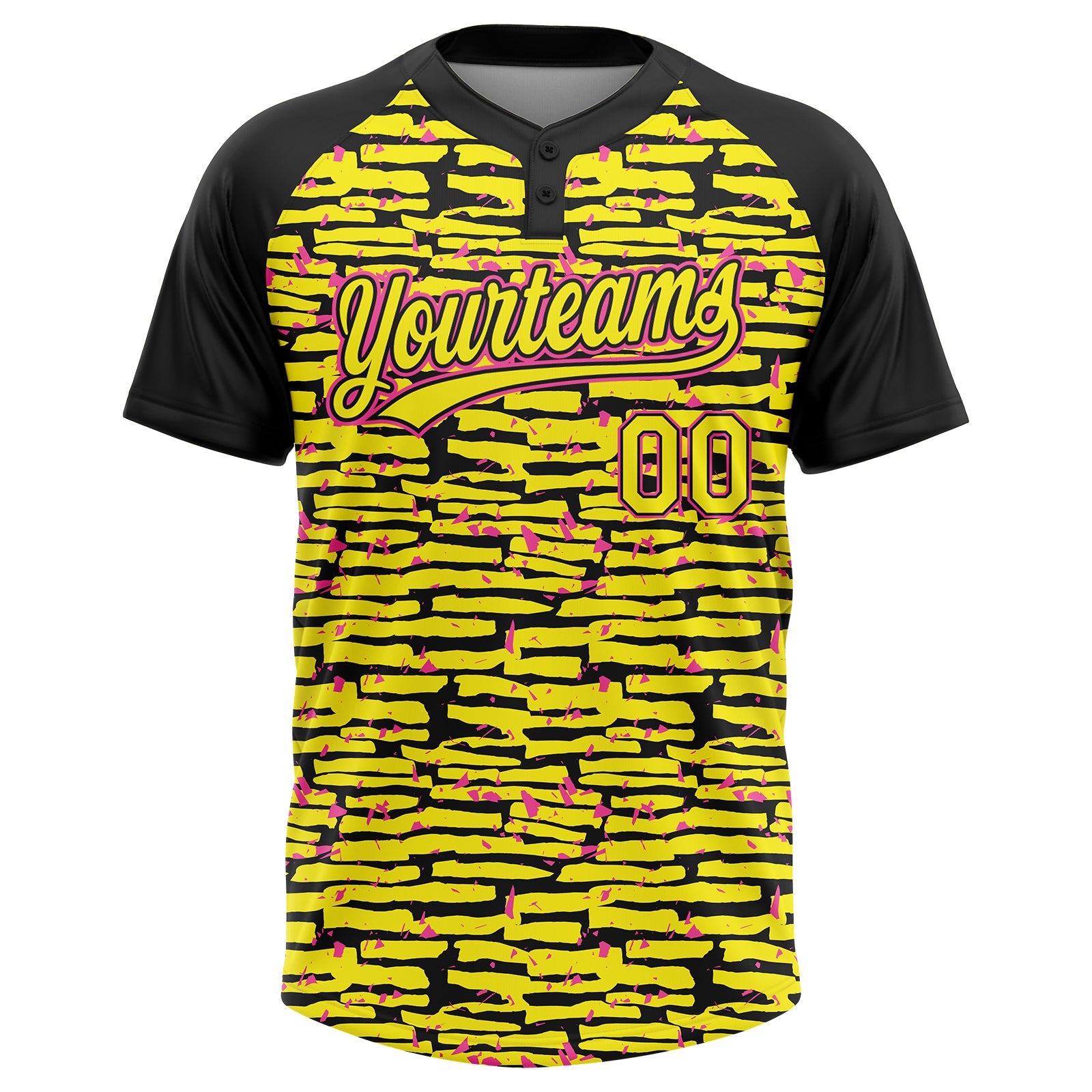 Custom Light Yellow Black-Pink Raglan Sleeves Distressed Fragment Brush Stroke Two-Button Unisex Softball Jersey view 2