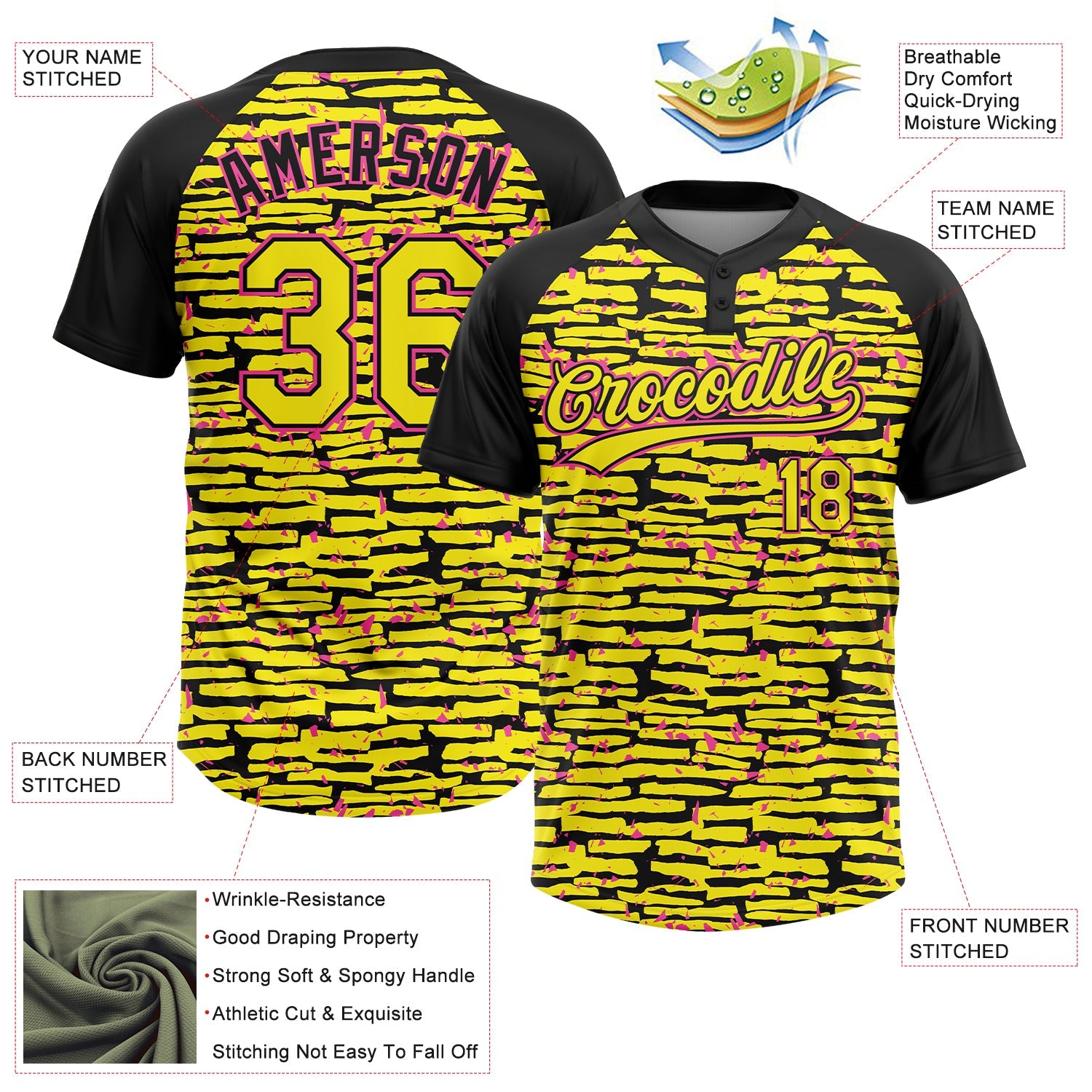 Custom Light Yellow Black-Pink Raglan Sleeves Distressed Fragment Brush Stroke Two-Button Unisex Softball Jersey view 3