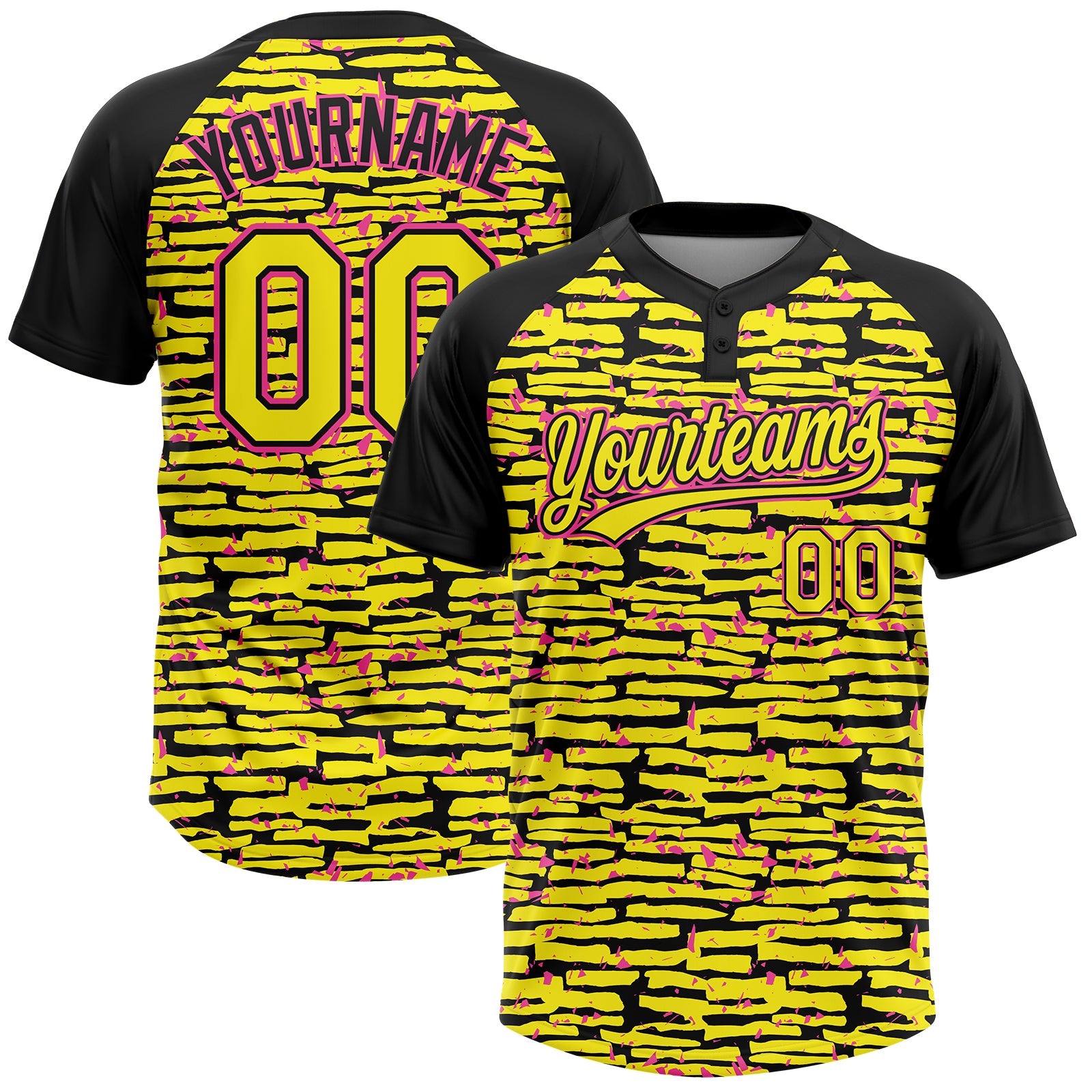Custom Light Yellow Black-Pink Raglan Sleeves Distressed Fragment Brush Stroke Two-Button Unisex Softball Jersey - Main View