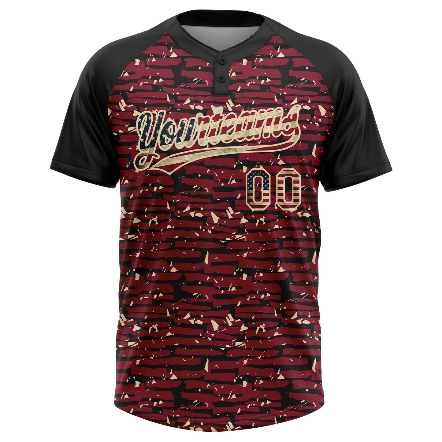 Custom Crimson Vintage USA Flag Black-Cream Raglan Sleeves Distressed Fragment Brush Stroke Two-Button Unisex Softball Jersey view 2